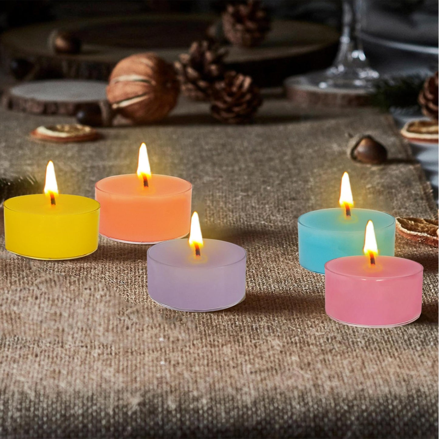 Scented Tea Light Candles 12 Pack Pastel Color Hand Poured Smokeless 4 Hours Clean Burning Small Round Clear Cups Tealight Candles for Romantic Dinners Wedding Centerpieces Cozy Evenings