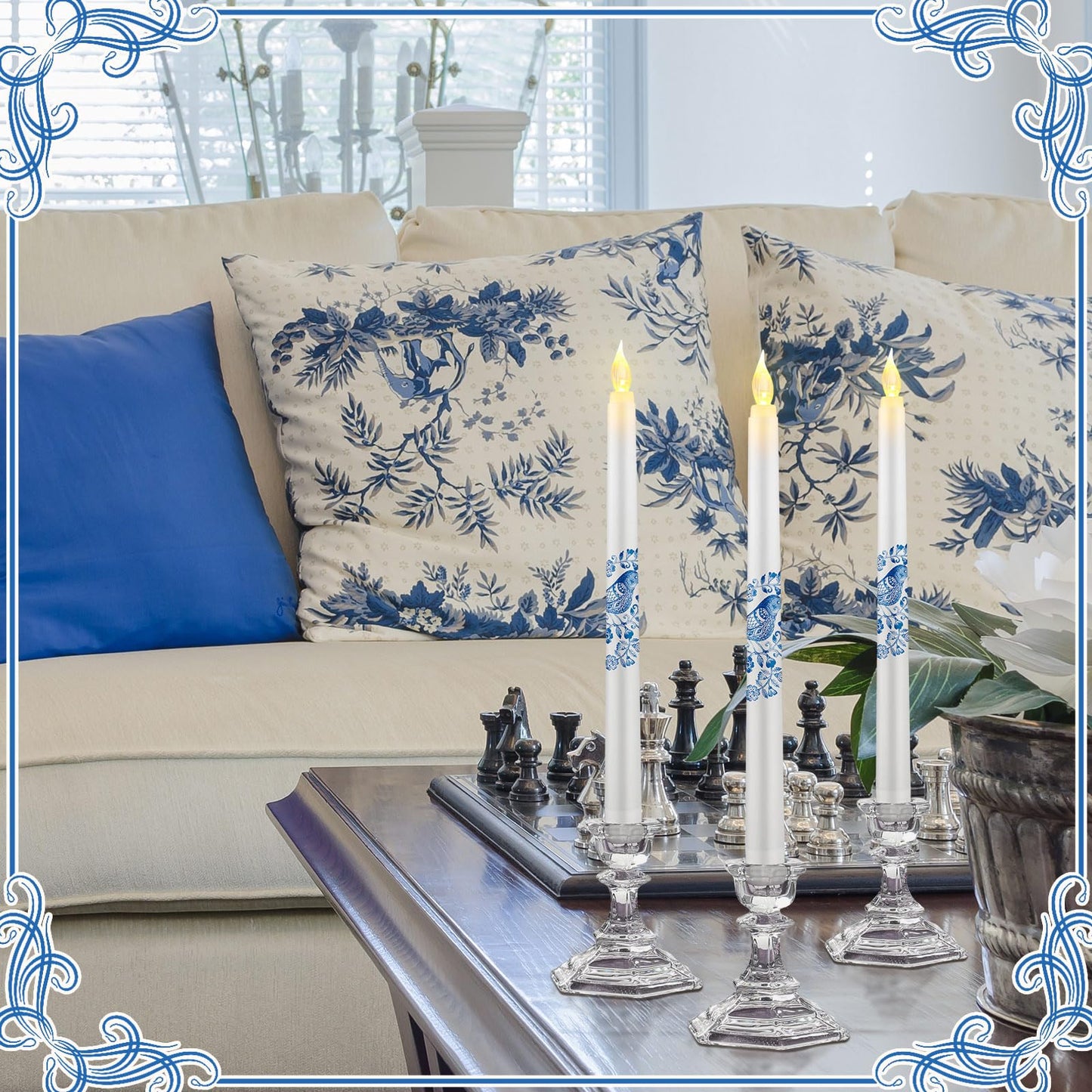 Conelist 6 Pcs Chinoiserie Flameless Candles 10 Inch Blue and White Candles Battery Operated LED Candlesticks Chinoiserie Decor for Wedding Table Centerpiece Home Party Decor Gifts