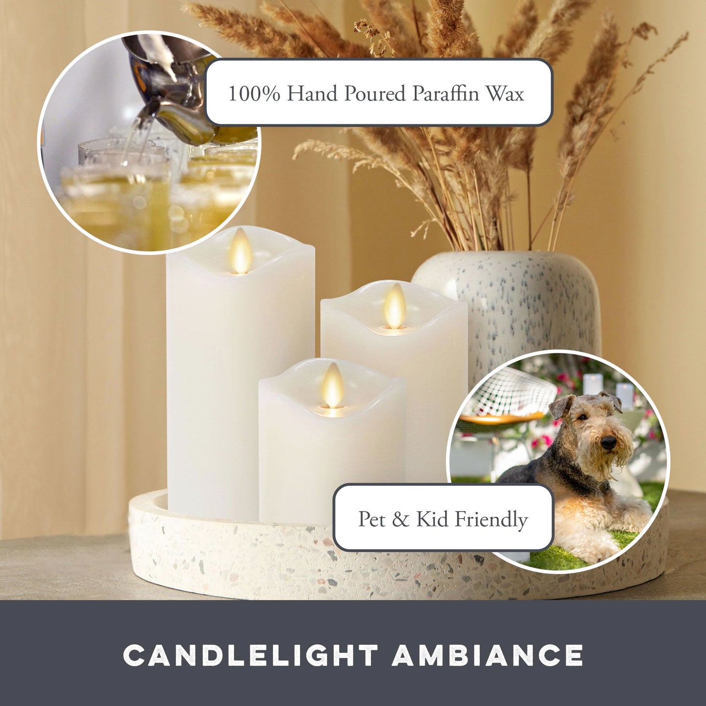 Matchless Candle Co. by Luminara Set of 3 Flameless LED Flickering Moving Flame Pillars (3" x 4.5", 5.5", 6.5"), Melted Unscented Real Wax Edge w/ Smooth Finish, AA Battery Operated, Pearl Ivory