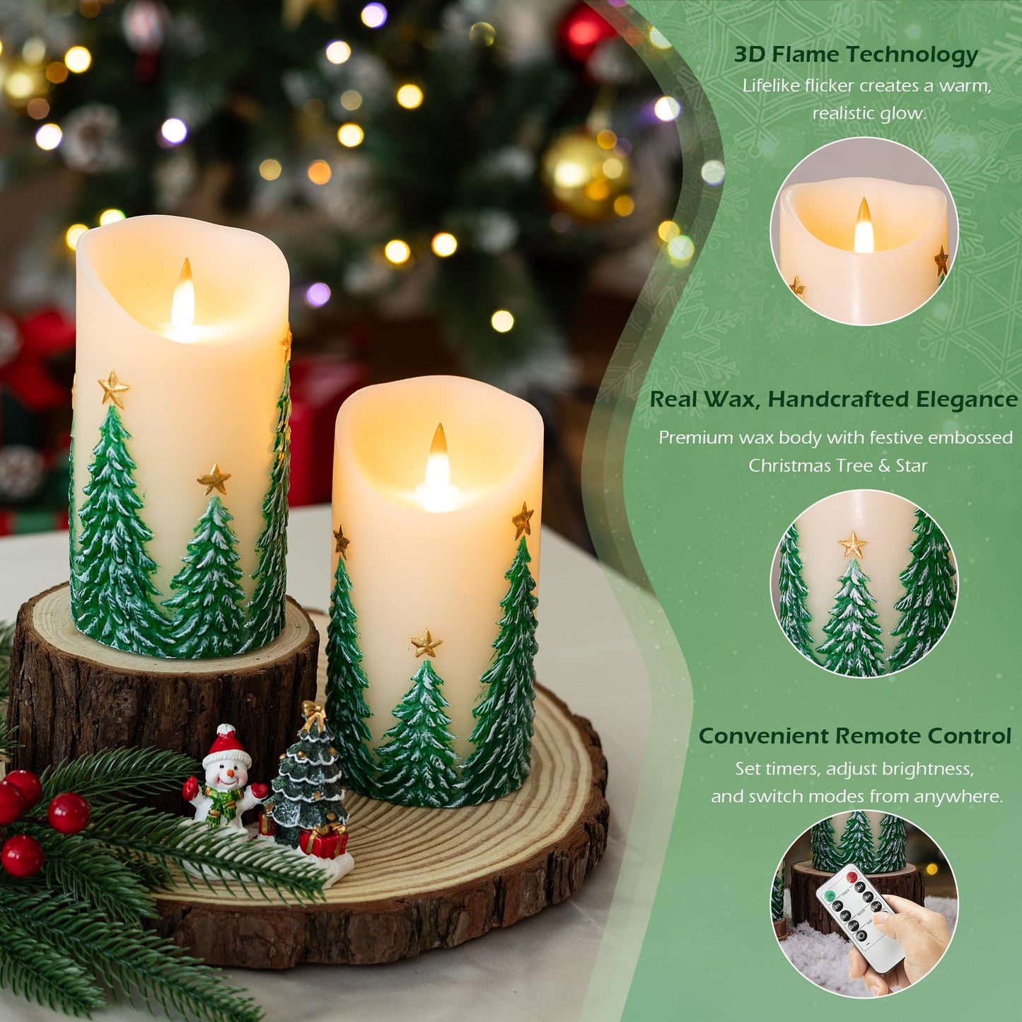 SEHNSY Christmas Tree Flameless Candles with Remote and Timer, Real Wax LED Pillar Candle with Flickering Flame, Embossed Design, Battery Operated Candles Xams Holiday Home Décor