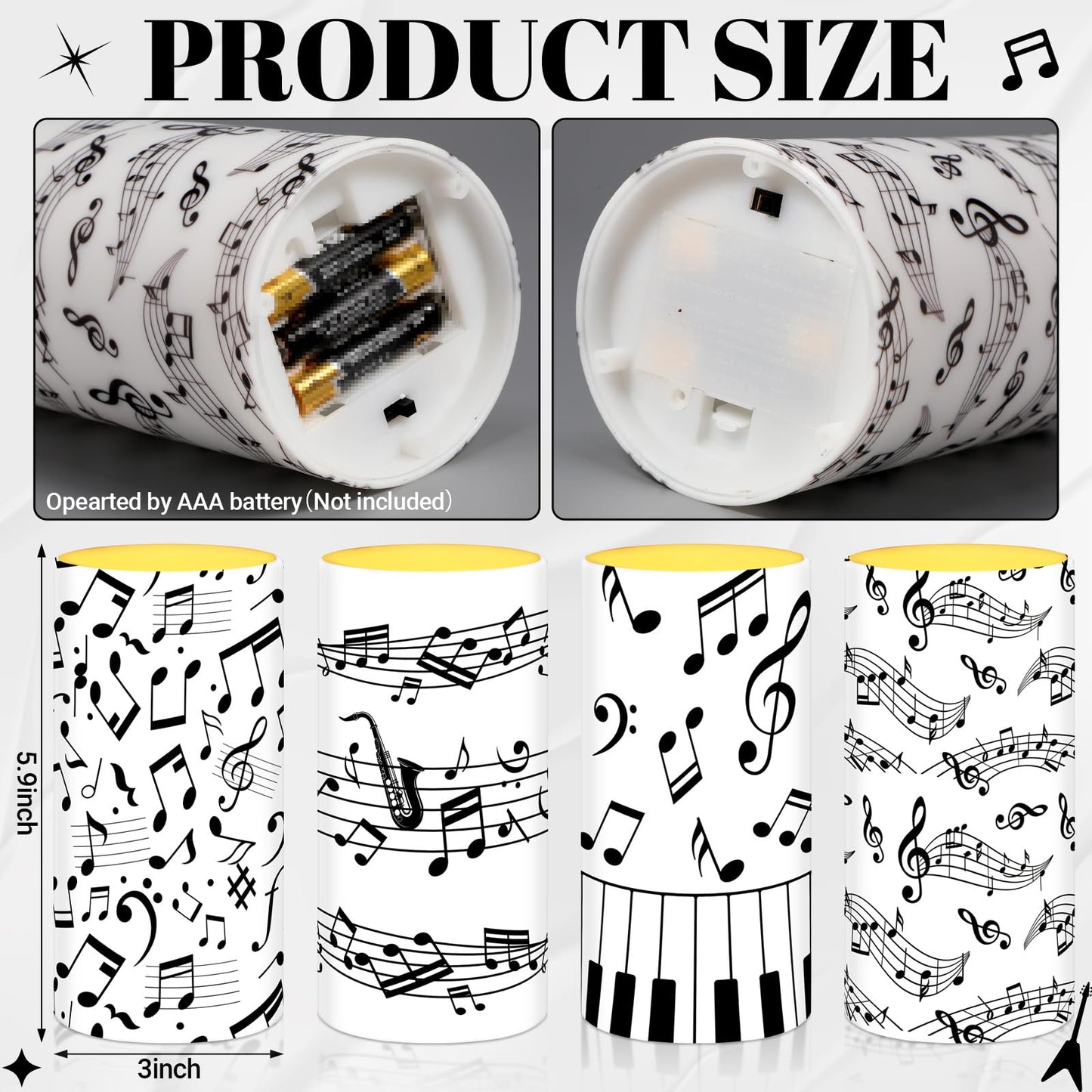 Tiamon 4 Pcs Music Notes and Clef Candles LED Musical Themed Flameless Candles Set Battery Operated with Remote Control LED Pillar Decorations for Party Wedding Birthday Decor