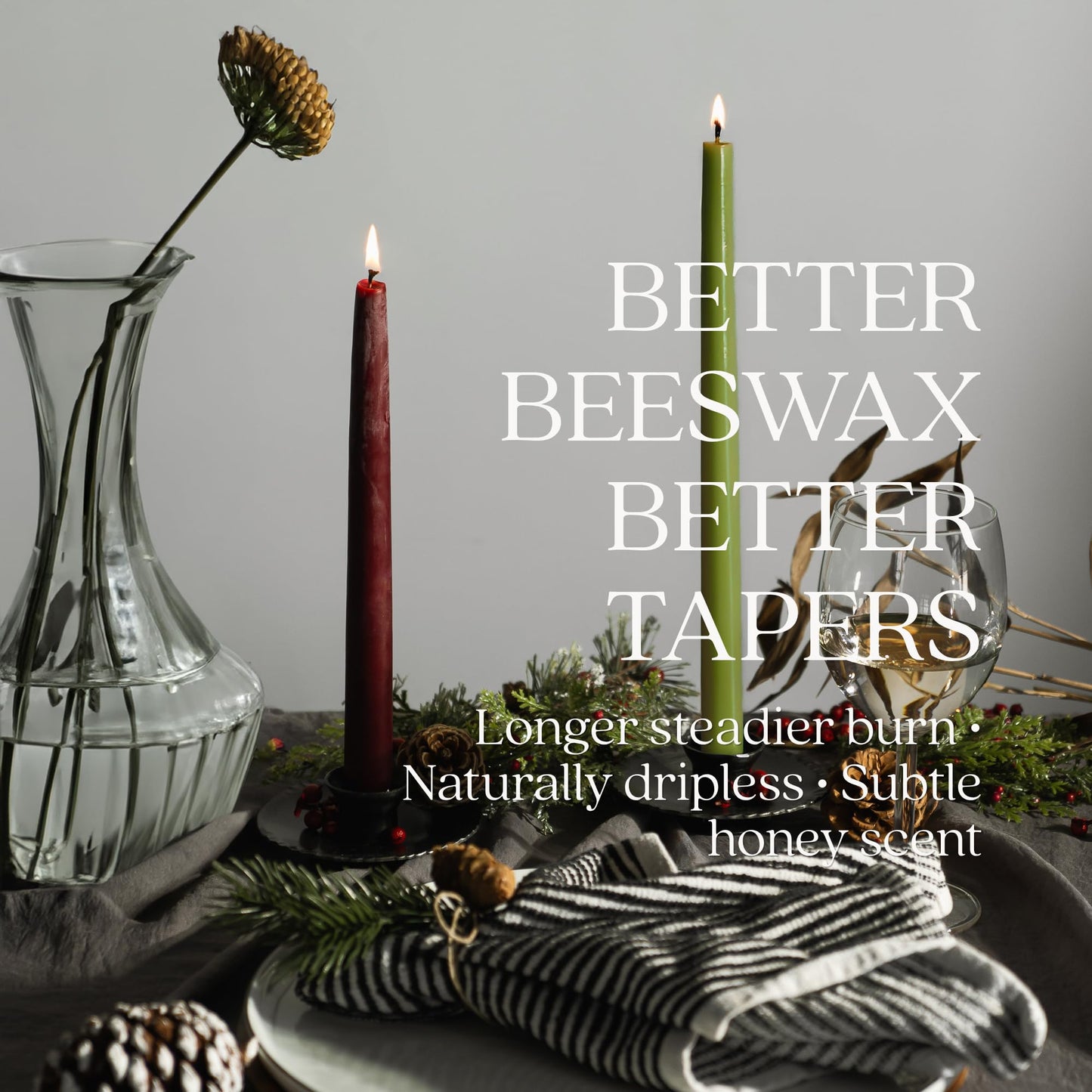 Bluecorn Beeswax Taper Candles, 100% Pure Natural Bees Wax, Pair of 12 Inch Burgundy Tapered Candlesticks, Clean Burning & Dripless, Fragrance Free, Long Lasting, Home Decor, American Made, 1 Count