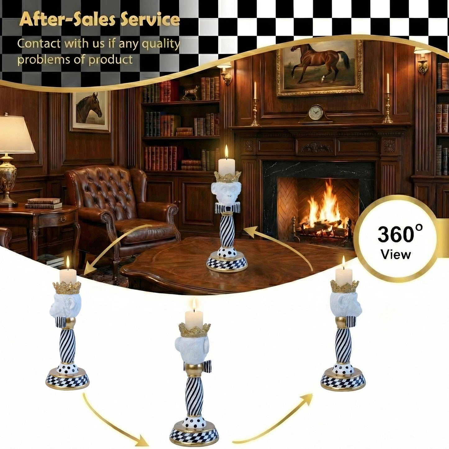 Crowned Animal Candlestick Holder Black & White Checkerboard Taper Candle Holder with Gold Accents Eclectic Resin Statue for Modern Home Decor, Table Centerpiece