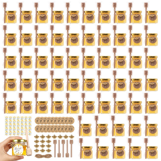 BIGIVACA 1.5 oz Mini Honey Jars - 60 Pack Hexagon Glass Jars with Wood Dippers, Gold Lids, Bee Pendants, Jutes, Stickers,Tags for Wedding Favors, Party Favors, Candle Making