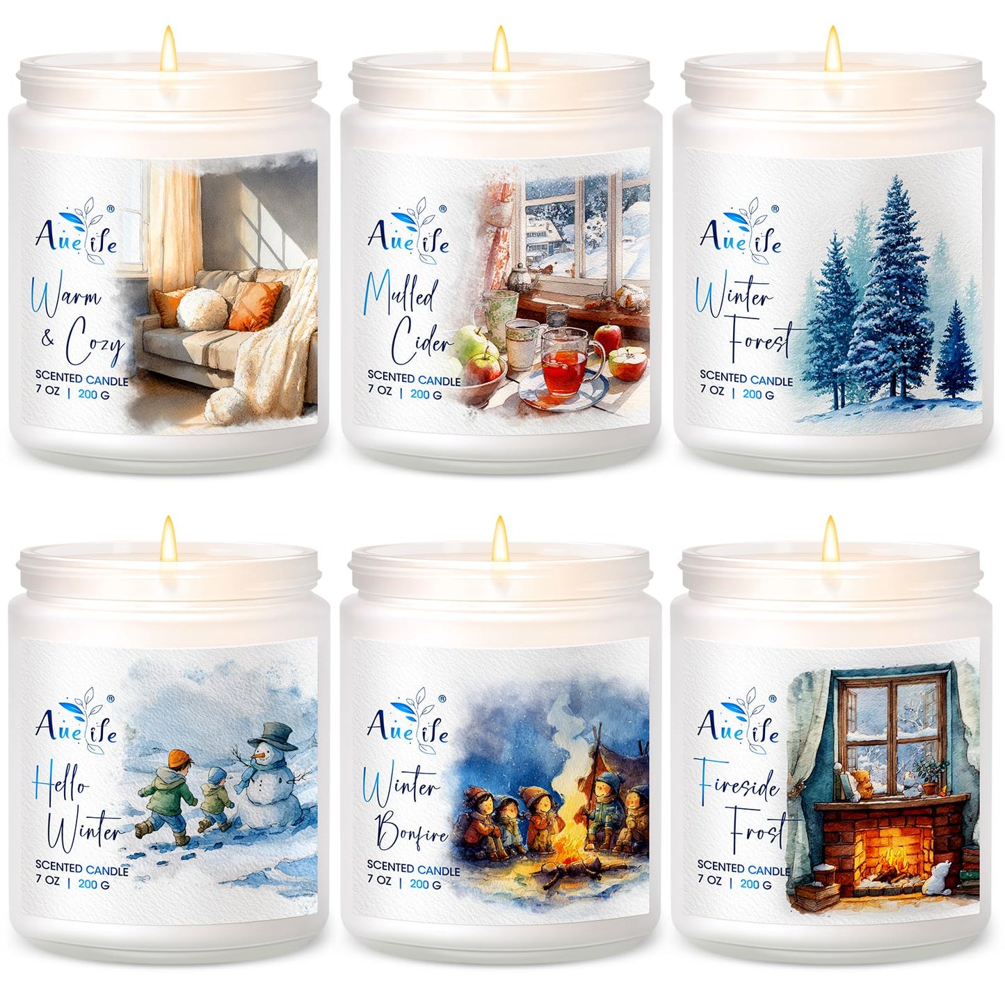 Winter Candle Set | 6 Pack Christmas Scented Candles for Home - Holiday Soy Candle Gift Set for Women Men, Aromatherapy Candles Scents of Hello Winter/Forest/Cider/Warm/Fireside/Bonfire