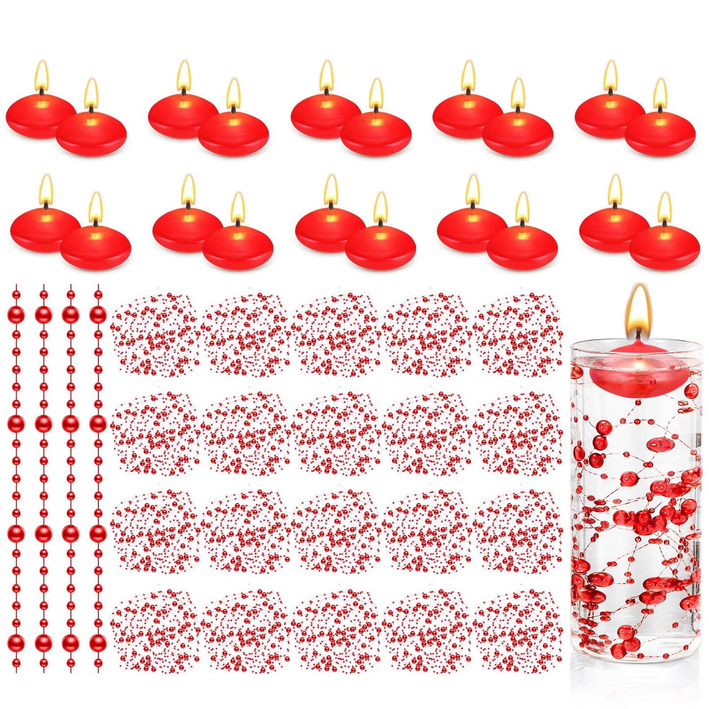 Fumete 40 Pcs Red Floating Candles with Pearl Strings for Wedding Centerpieces, Radiant Unscented Water Floating Tealights for Romantic Dinner, Party, Anniversary Decor