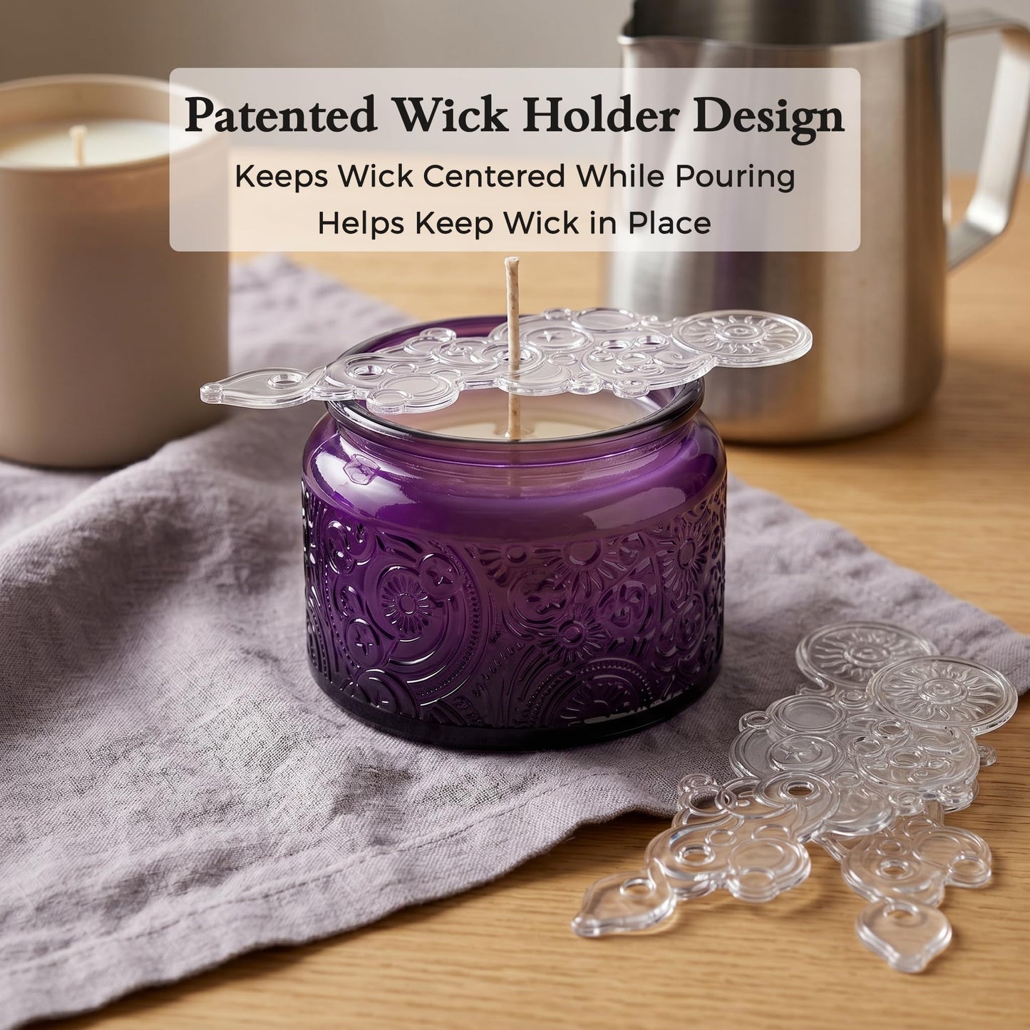 18-Pack 4oz Embossed Glass Candle Container with Bamboo Lids and Labels, Clear Candle Jars for Making Candles, Sun Moon Star Design (Purple)