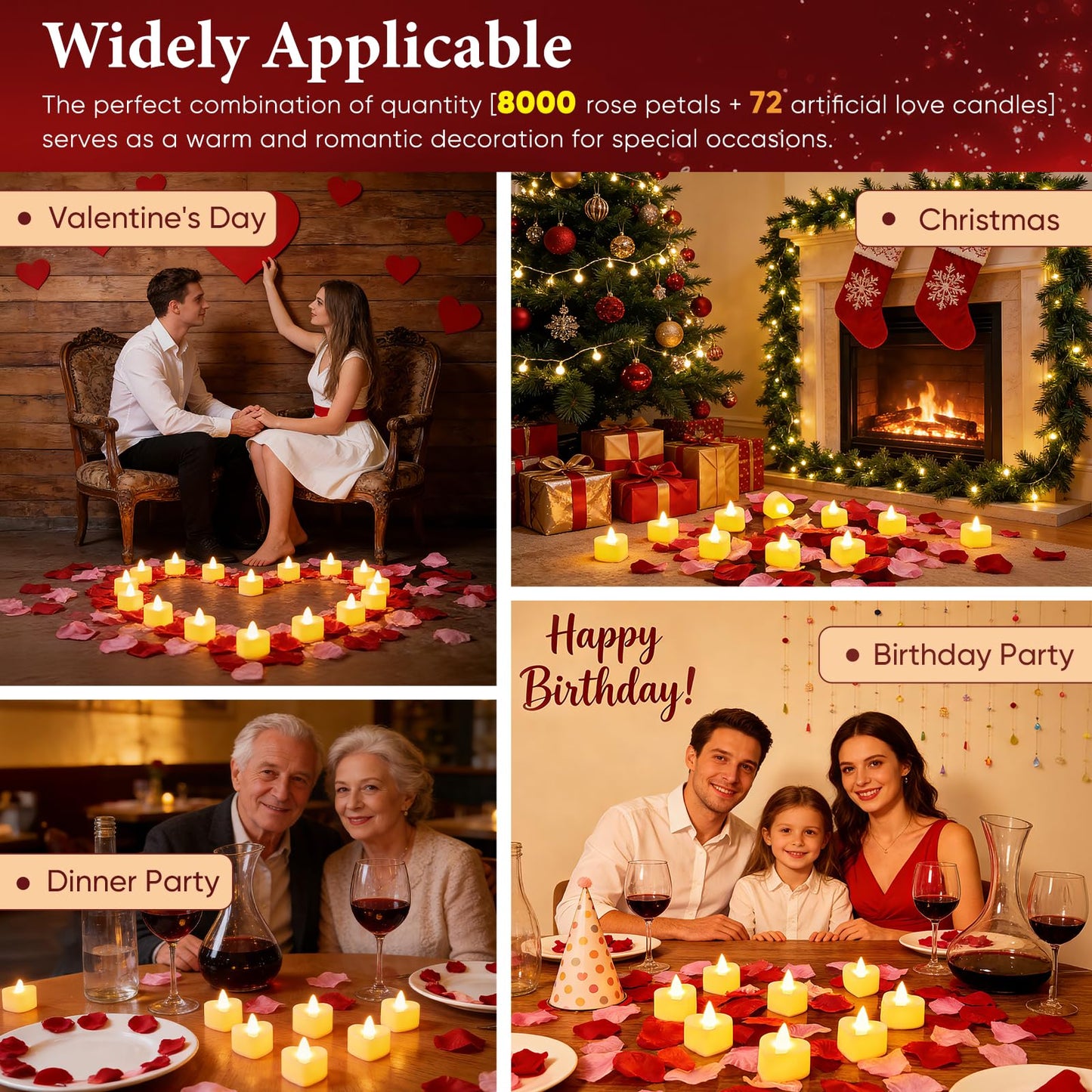 Chanceboleng 8000Pcs Rose Petals with 72Pcs Flameless LED Tea Lights Candles Valentine's Day Romantic Decorations Special Night Set for Night Wedding Anniversary or Table Décor, Warm Yellow