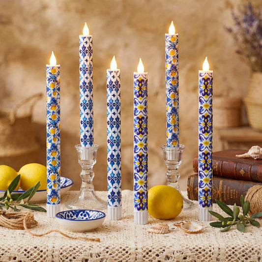 Lyrow 6 Pcs Flameless Taper Candles with Hydrangea Gingham 11 Inch Real Wax LED Candles Flickering Battery Operated Candlesticks for Wedding Anniversary Summer Gifts