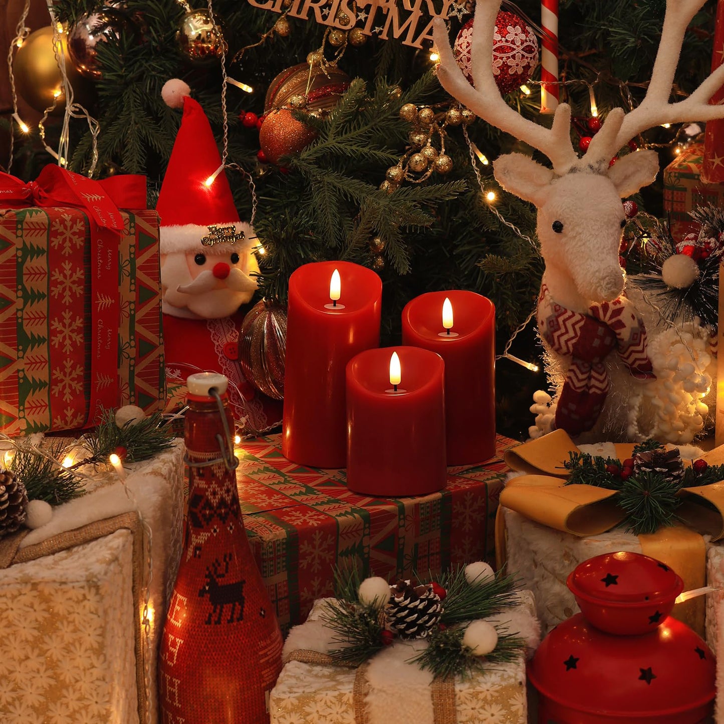 Battery Operated Candles, Real Wax Red LED Candle Flickering Flameless Candles with Remote, 3D Wick Fake Candles for Christmas, Thanksgiving, Home Decor, Party, Gifts, Set of 3, D3"x H4"/5"/6"