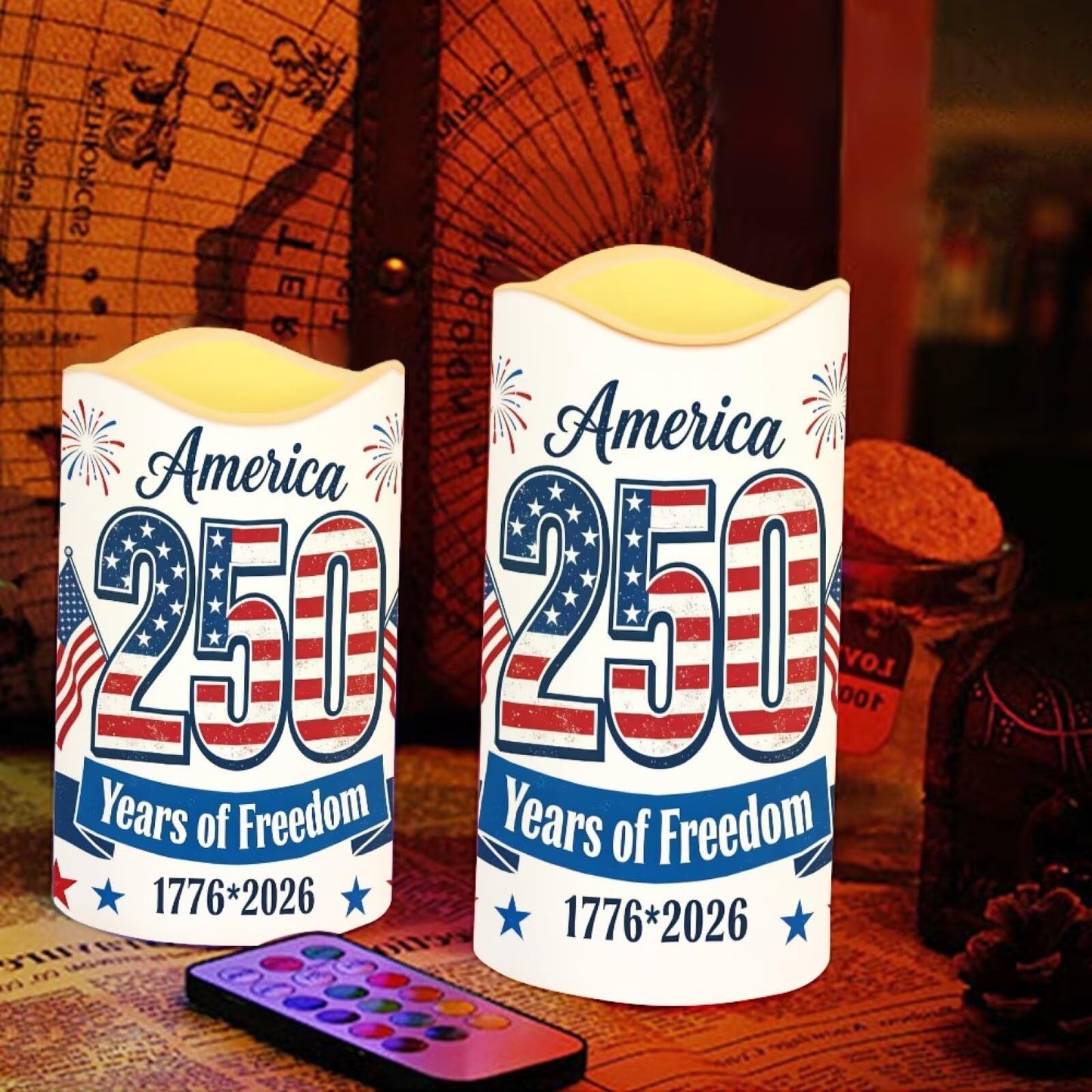 Uorisanigo 250 Years of Freedom Patriotic Flameless Candles Set of 4 American Flag Blad Eagle LED Battery Operated Candles Red White Blue Fake Electric Candles Holiday Party Patio Celebration Accents