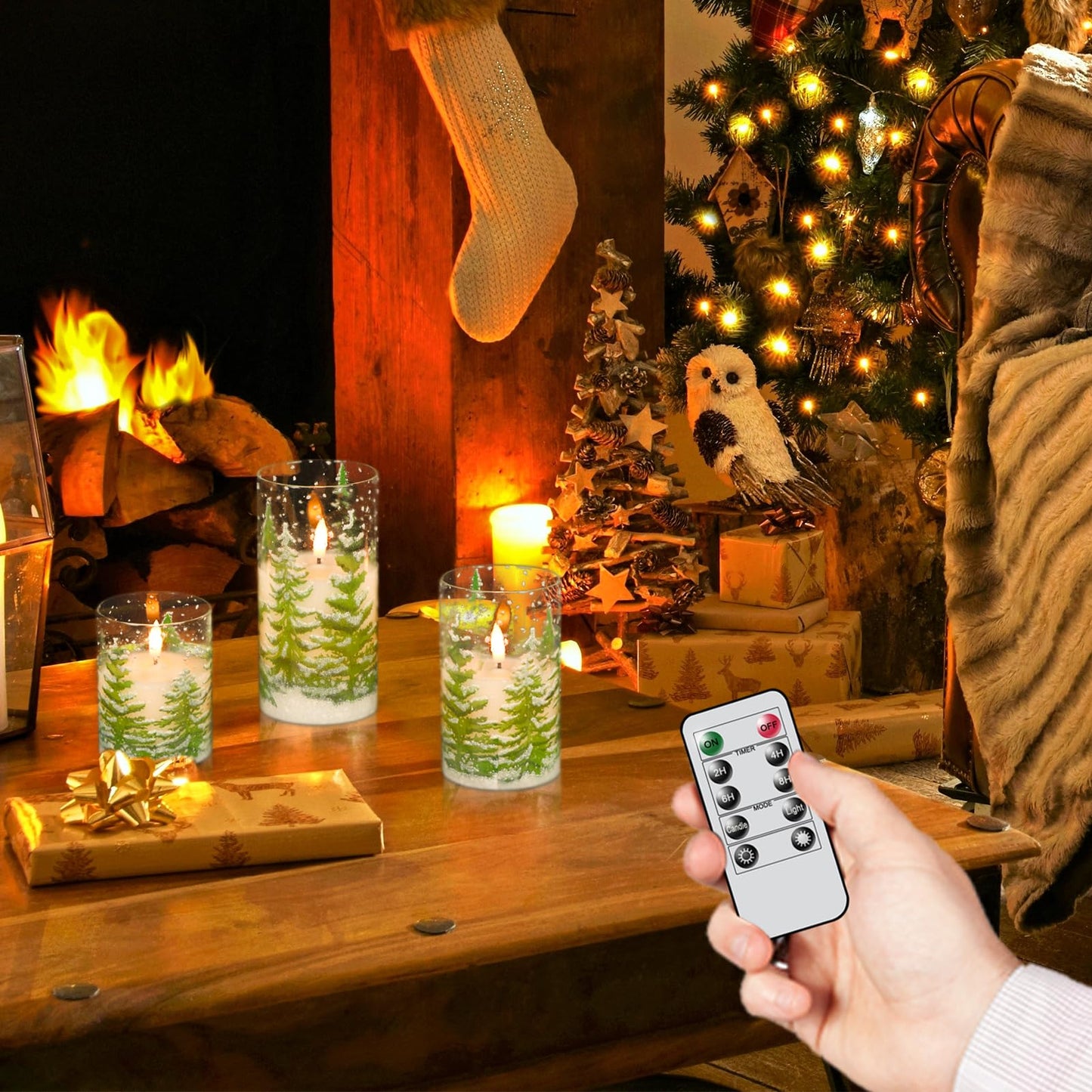 Wondise Christmas Tree Glass Flameless Candles, Battery Operated Flickering Candles with Remote and Timer, Real Wax LED Pillar Christmas Candles for Christmas Holiday Decor D3 x 4",5",6"