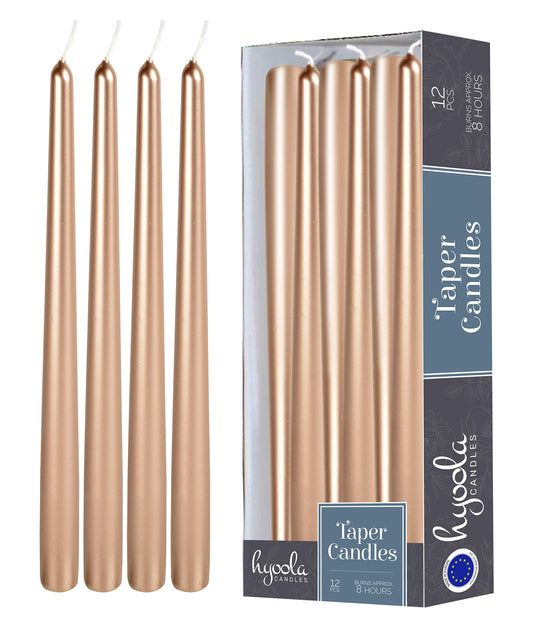 Hyoola 12 Pack Tall Metallic Taper Candles - 10 Inch Copper Metallic, Dripless, Unscented Dinner Candle - Paraffin Wax with Cotton Wicks