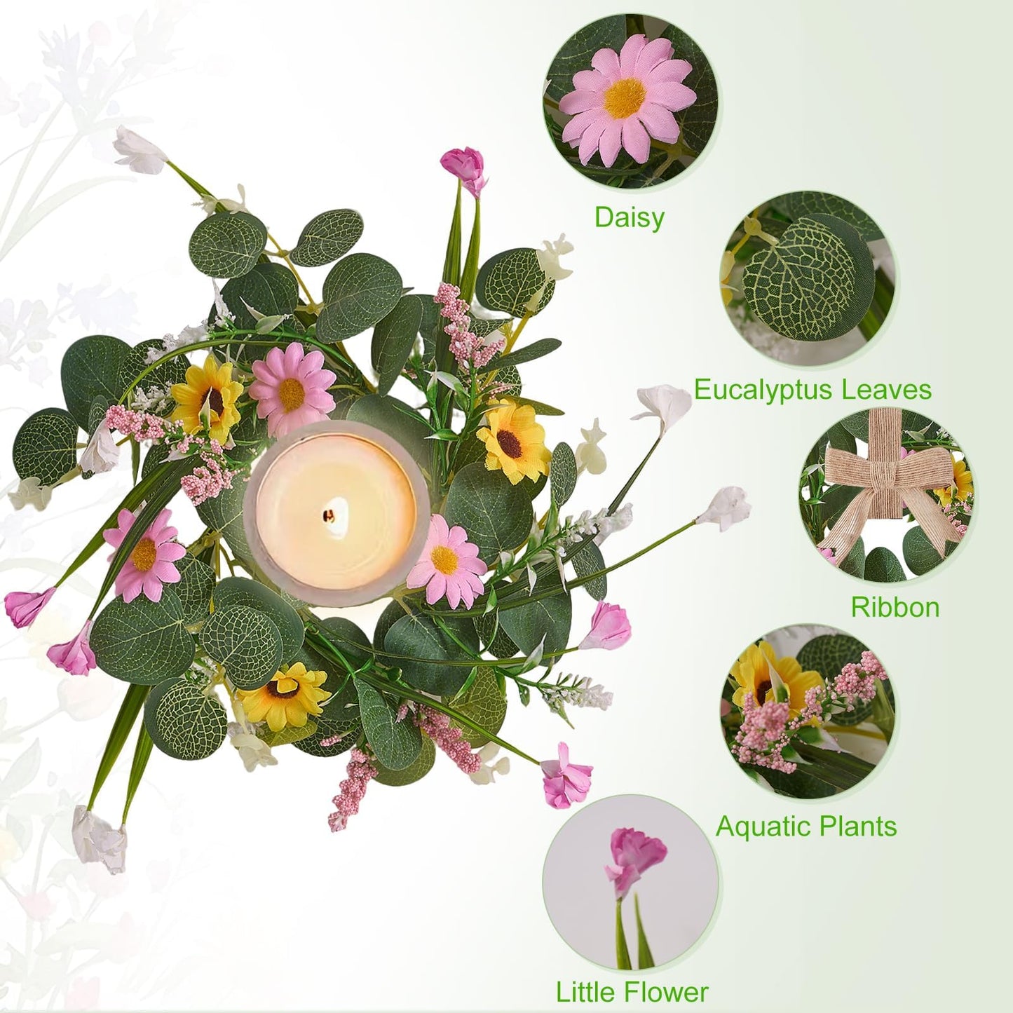 Spring Summer Wreath 4Pcs, 11.8 Inch Summer Wreath with Ribbon, Artificial Daisy Eucalyptus Leaves Grass Wreath, Hanging/Tabletop/Candle Ring Decor for Home Front Door, Porch, Wall, Window, Cabinets