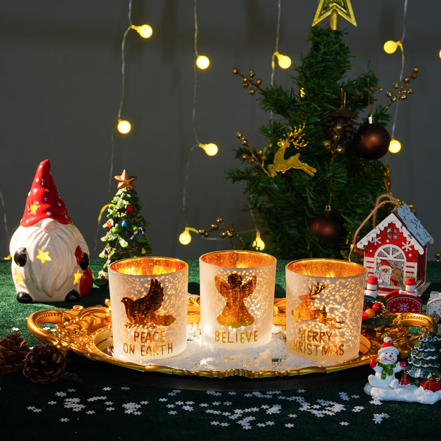Rancco Votive Candle Holders, Christmas Gold Silver Glass Tea Light Candle Holder Set of 3 with Elk, Angel, Peace Dove, Candle Holder for Christmas Table Centerpieces, Birthday, Home Tea Party Decor
