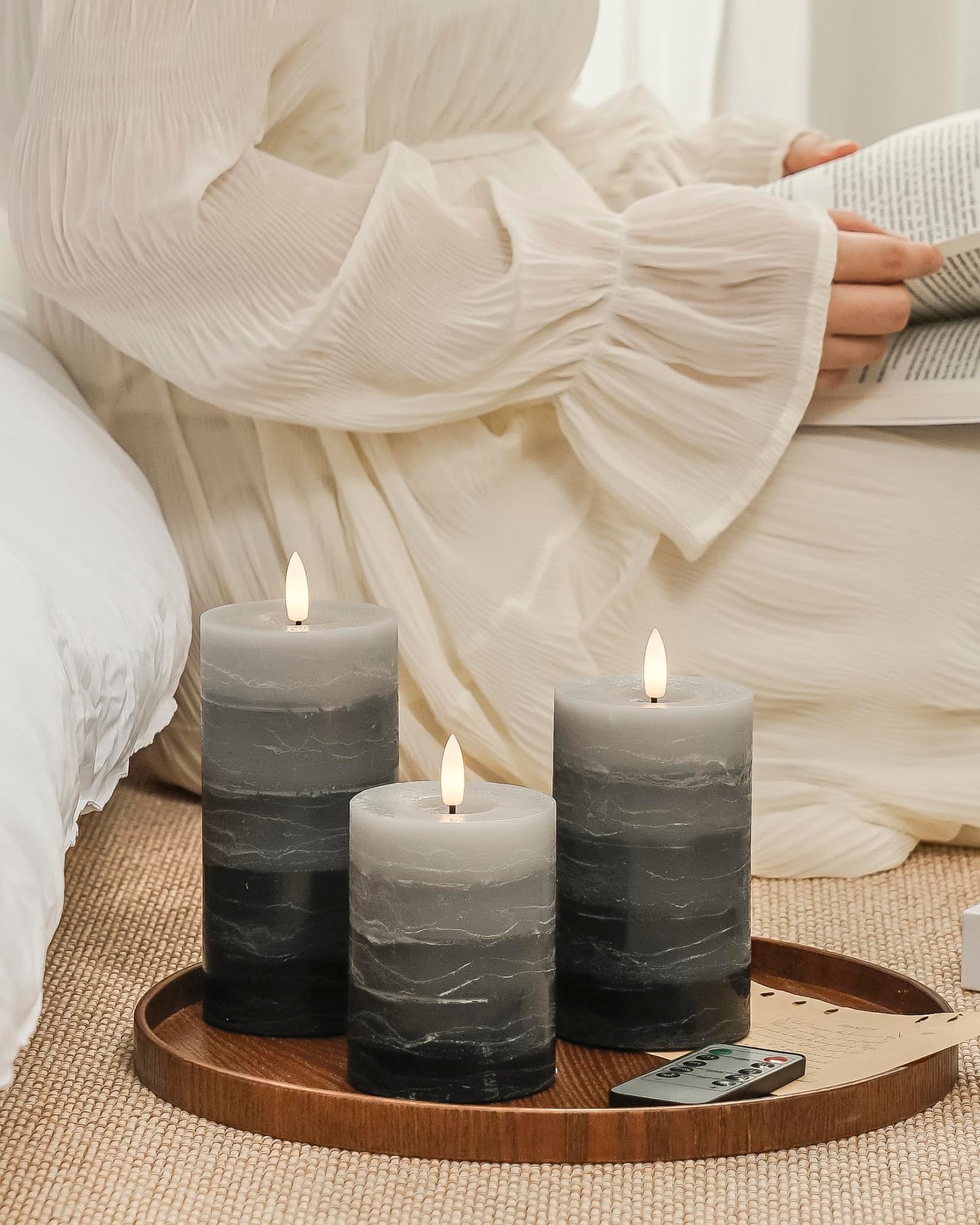 Stmarry Distressed Gradient Gray Flameless Candles with Remote and Timer, Real Wax Made LED Pillar Candles Battery Operated with 3D Flickering Flame - 3" x 4",5",6" - Set of 3