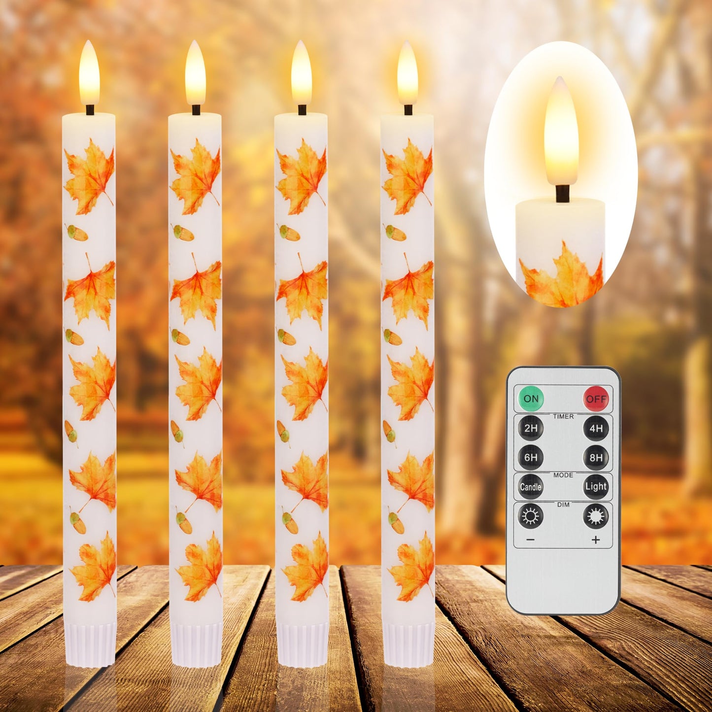 SEHNSY Fall Flameless Taper Candles with Remote, Real Wax Maple Leaf & Acorn Battery Operated Candles,Autumn Led Candlesticks for Fall, Harvest, Thanksgiving, Halloween Decorations for Home Party
