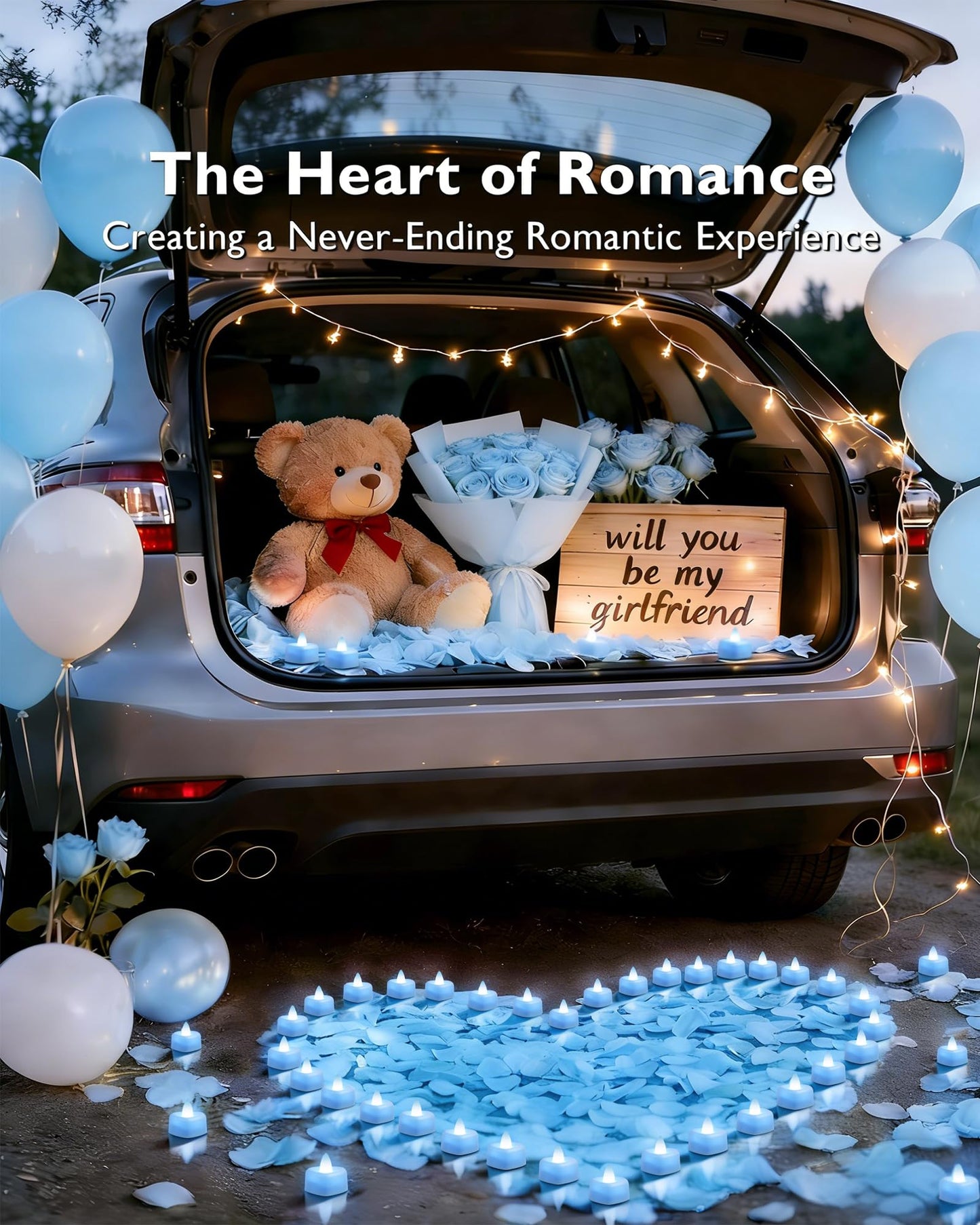 Amagic 1000 Pieces Light Blue Artificial Rose Petals with 12 Light Blue LED Tea Lights, Rose Petals and Candles Set for Proposal, Anniversary, Romantic Night, Wedding Decor
