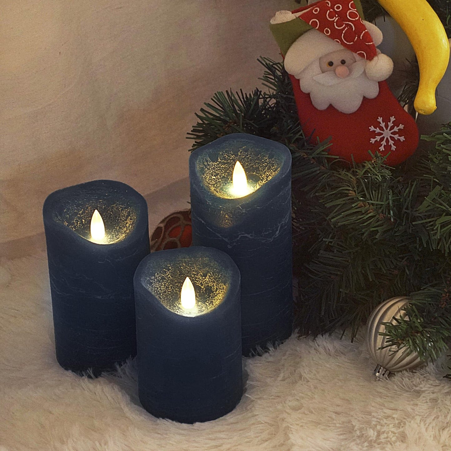CANDLE CHOICE Real Wax Battery Operated Flameless Candles with Automatic Daily Cycle Timer Realistic Flickering Electric LED Pillars Wedding Party Holiday Decorations Set of 3 Rustic Texture Navy Blue