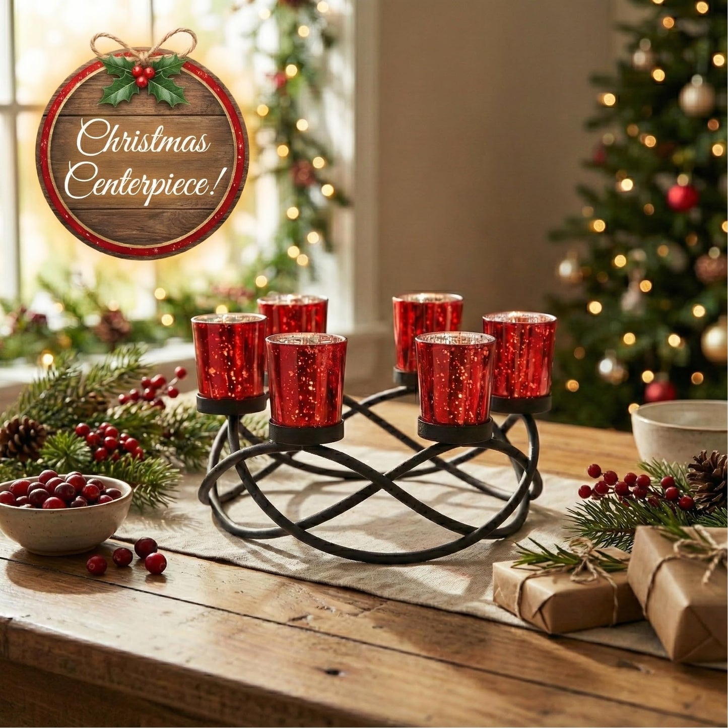 Seraphic Centerpieces for Table Decorations - Round Candle Holders for Outdoor Patio, Dining, Kitchen, Coffee & Wedding Table Decor, Black Iron Candelabra, 6 Red Glass Votive Tealight Cups
