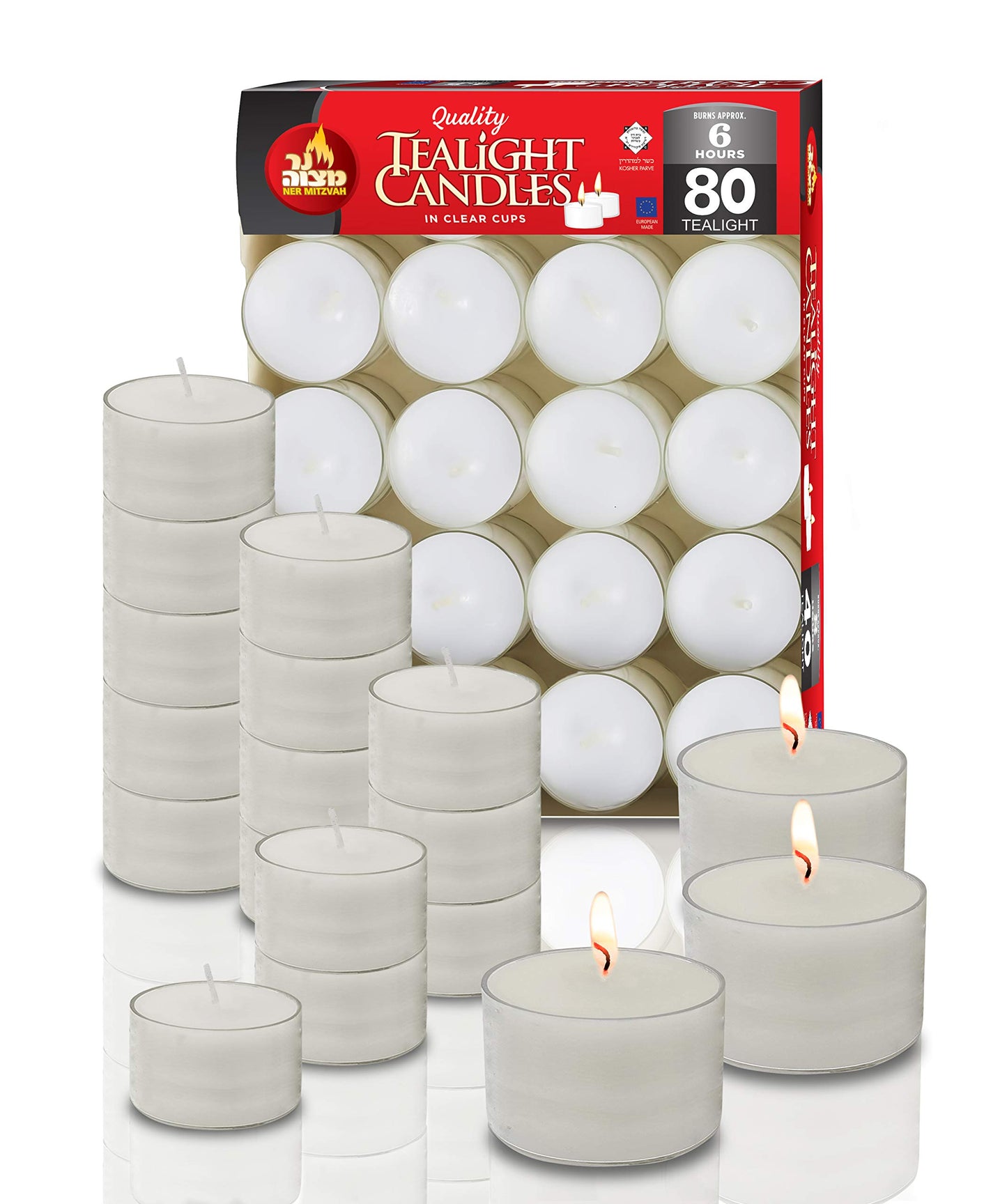 Ner Mitzvah Long Lasting Tealight Candles - 6 Hours - White in Clear Cups - Unscented - 80 Pack - Made in EU