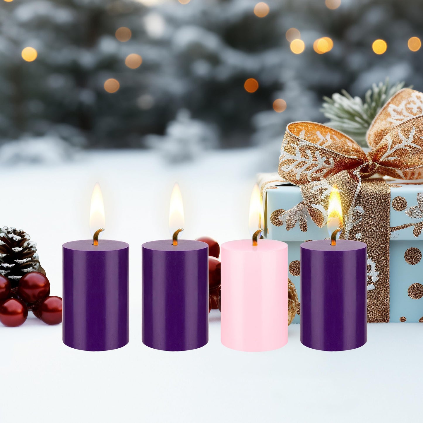 Mega Candles 4 pcs Unscented Christmas Advent Candles Set, Hand Poured Premium Wax Round Pillar Candle 2 Inch x 3 Inch, Holidays, Occasions, Events, Festivitiess, Devotional, Church, Wreath, Gifts