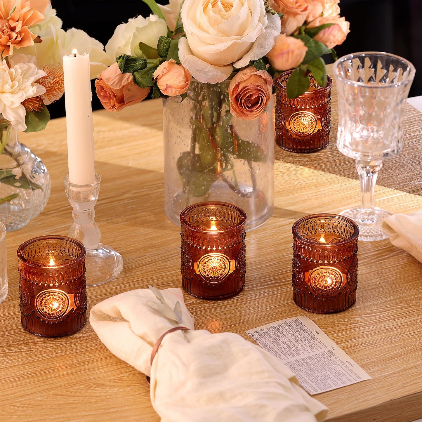 Lanttu Amber Votive Candle Holder Set of 12, Glass Tea Light Candle Holders for Home Table Centerpiece, Dinner Parties, Weddings Decor