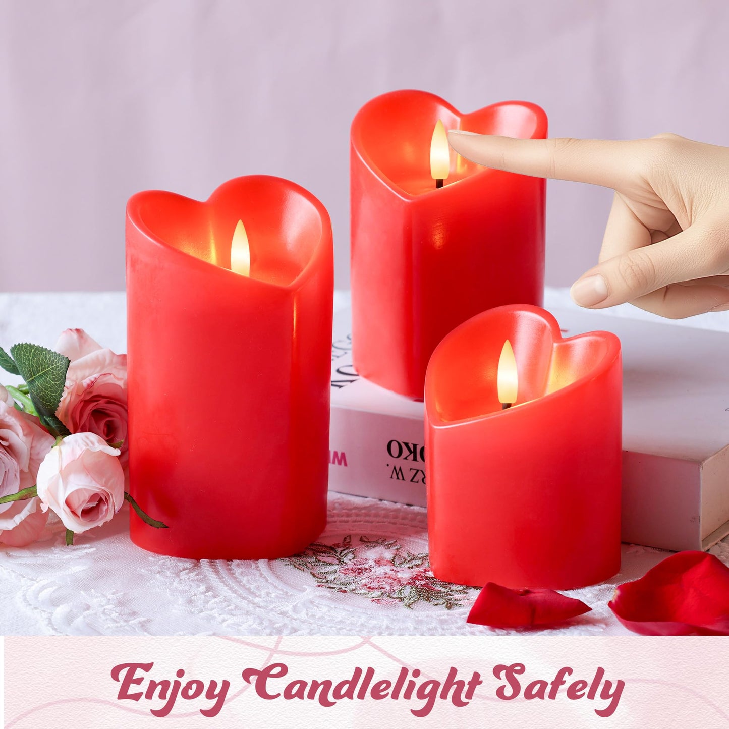Valentine Day Flameless Pillar Candles with Remote, Real Wax Battery Operated Candles, Heart Shape LED Candle for Romantic Night Valentines Gifts Proposal Anniversary Festival Gift Decor(3 Pack)