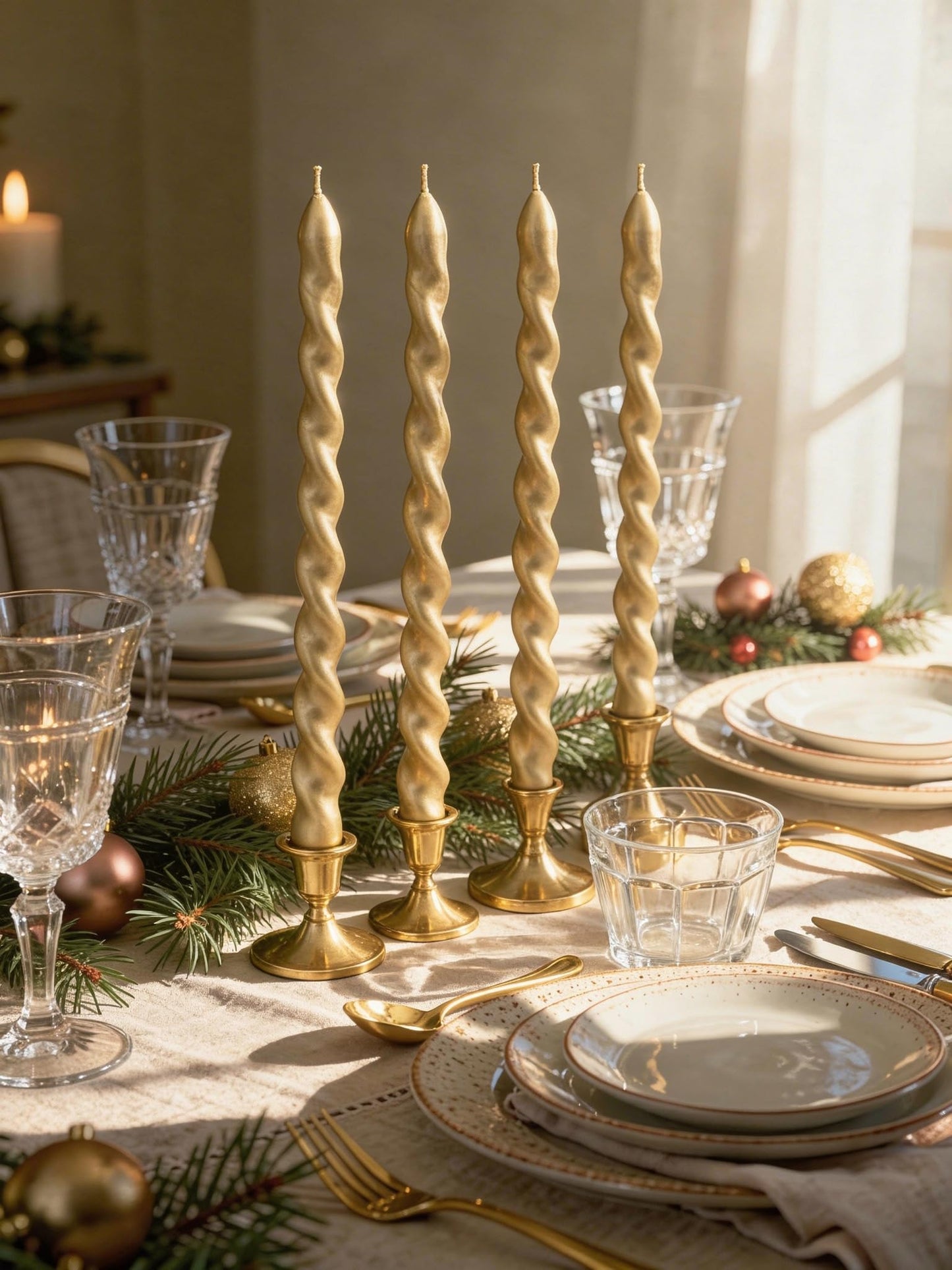 Viyffo Spiral Taper Candles 12 Inch – 4 Pack Gold, Dripless, Unscented, Smokeless – 9 Hour Burn – Tall Candlesticks for Wedding, Dinner, Holiday, Party, Home Decor