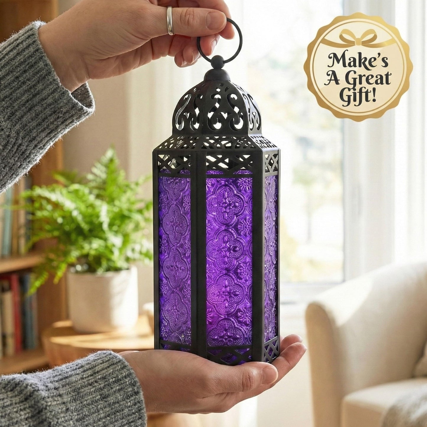 Vela Lanterns Candle Holder Gothic Decor Moroccan Candle Lantern, Whimsical Dark Purple Iron Hanging Lamp for Bedroom Table, Whimsigoth Witch Room Decor, Halloween Indoor Centerpiece, Medium 11.5"