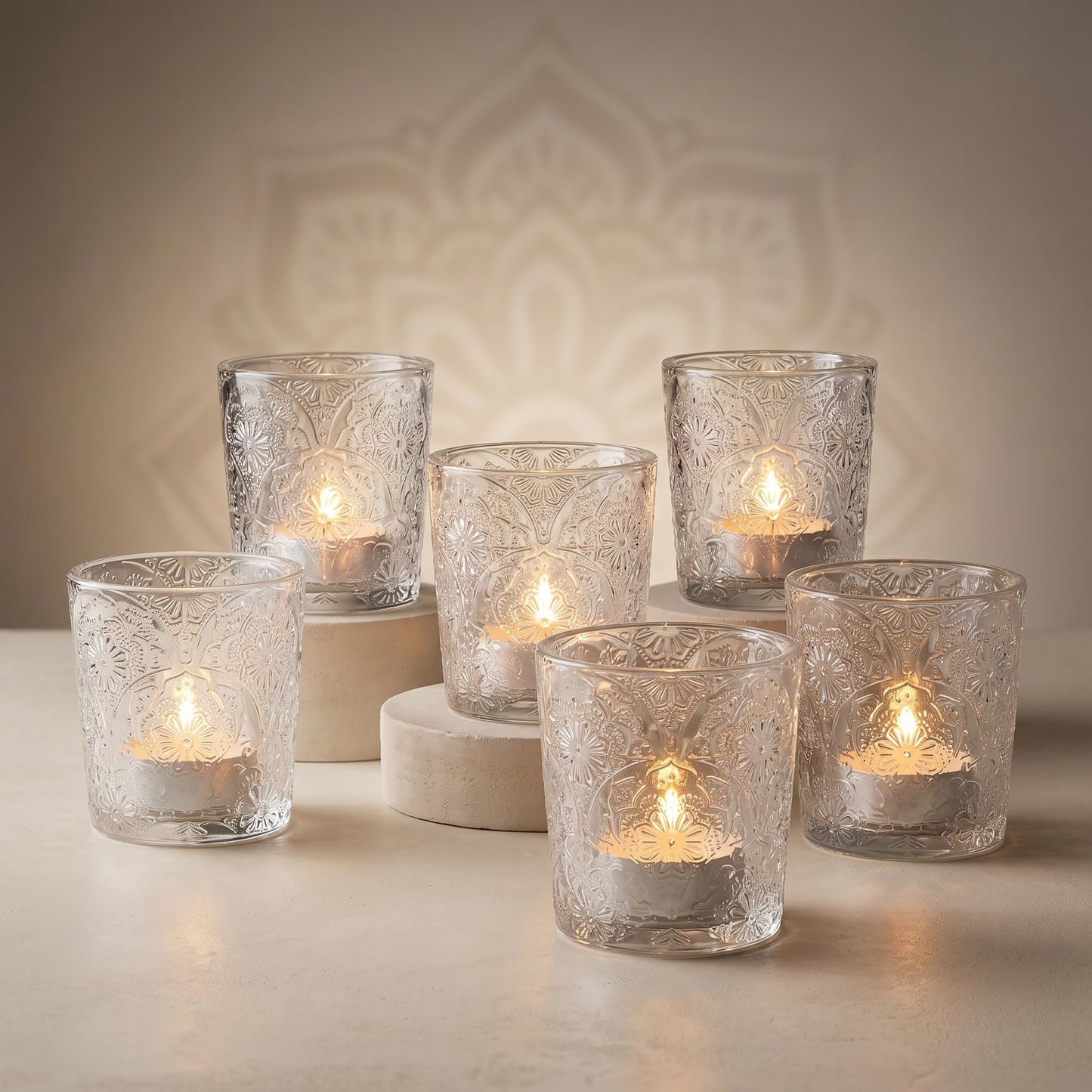 6 Pack Mandala Embossed Glass Candle Holders – Votive Tealight Holders with Patent Design, Decorative Embossed Glass Cups for Wedding Centerpieces, Parties, and Home Décor (Crystal Clear)