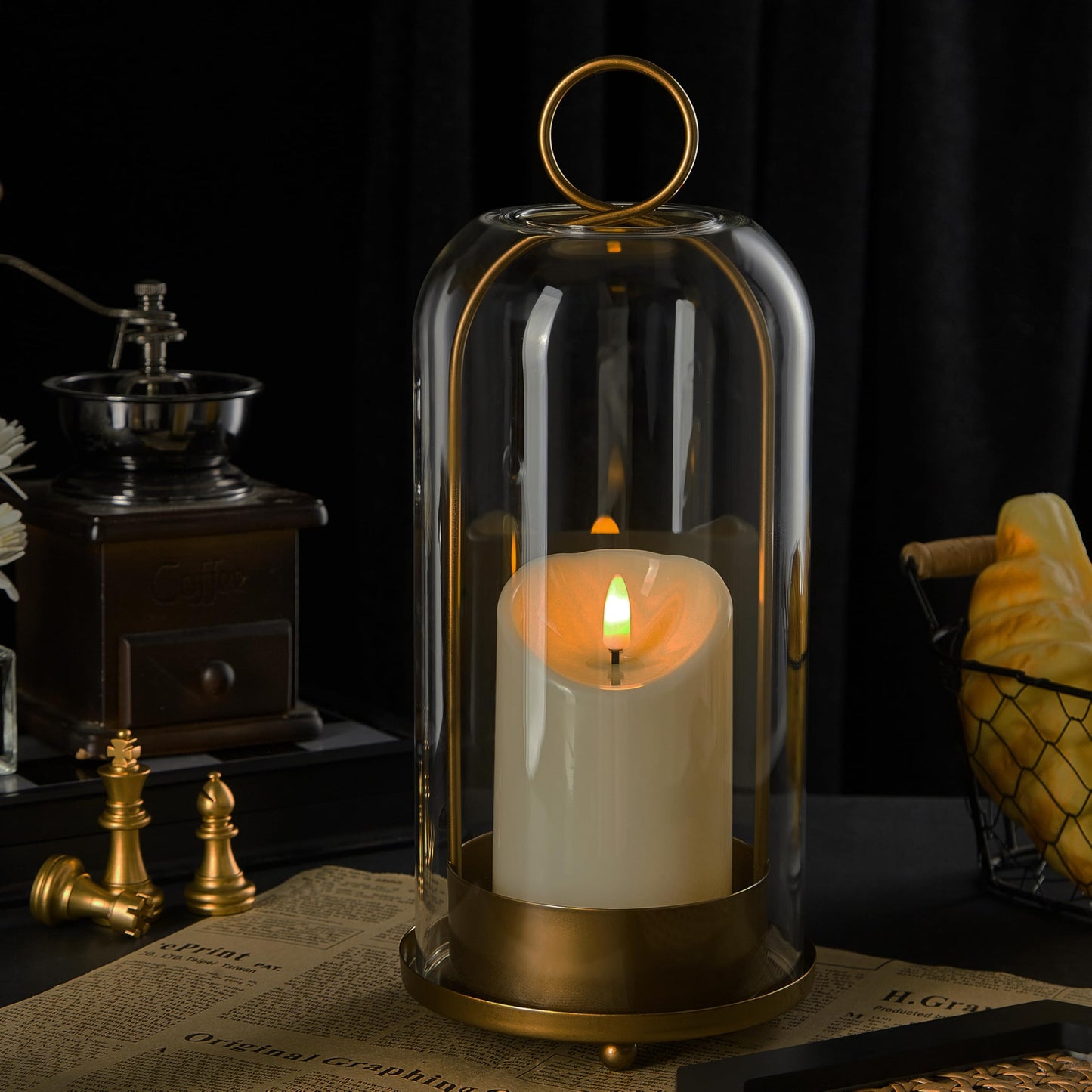 Ganwu 5"&4" Metal Candle Holder with Handmade Glass Dome in Brass & 2 Timer Candles, Set of 2 Versatile Hurricane Glass Candle Holders for Pillar Candles & Plants