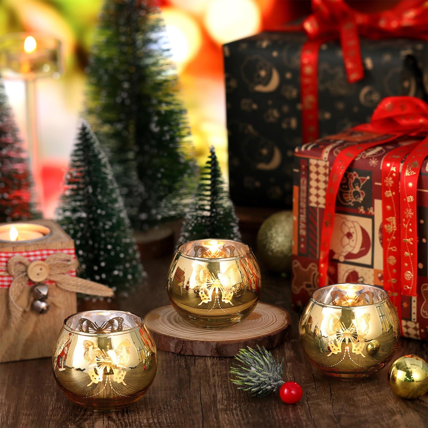 Gold Votive Candle Holders Set, 12 PCS Tea Lights Candle Holder Decorative Bulk with Butterfly Pattern, Candle Holders for Wedding, Birthday, Anniversary, Parties, and Holiday Decorations