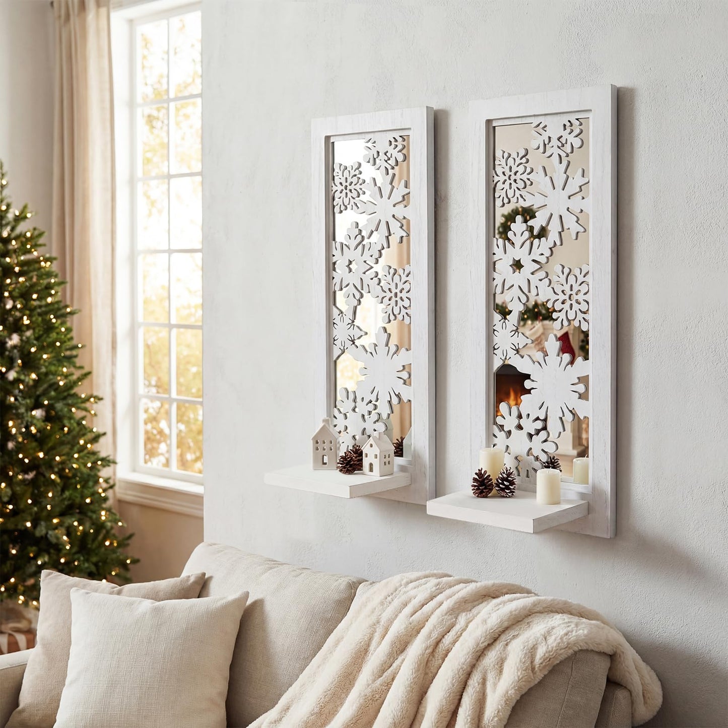 ZEXUIRU 2 Set Rustic Candle Sconces Living Room Bedroom Entryway Wood Mirrored, Farmhouse, Carved Frame Wall-Mount Wooden Candle Holders Wall Decor Hanging Handmade Holder - Distressed White
