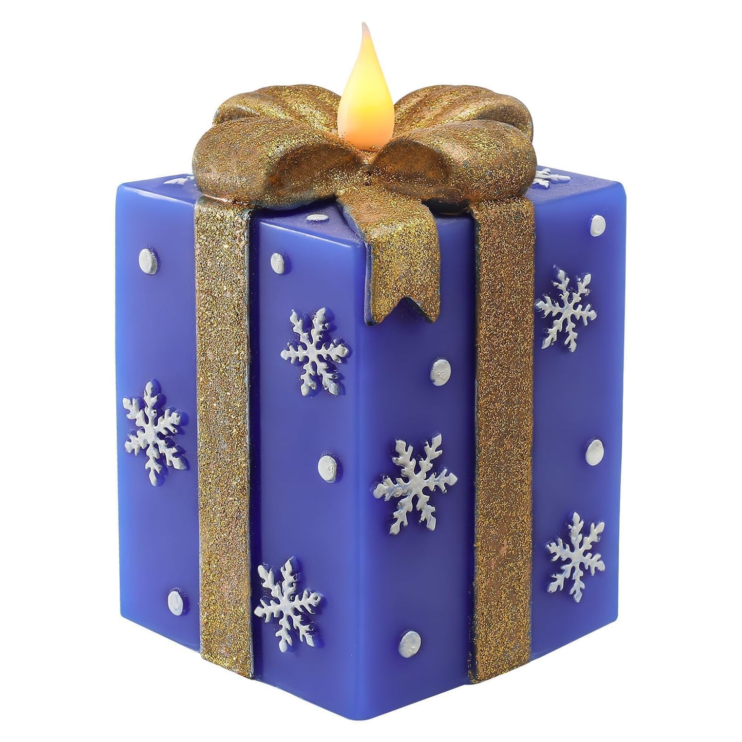 LCZLUMIPRO Christmas Flameless Gift Box Candle Hand-Painted Real Wax LED Candle with Remote Timer Battery Operated Blue Gold Decor for Xmas Tree Skirt Ornament Table Outdoor Indoor Holiday