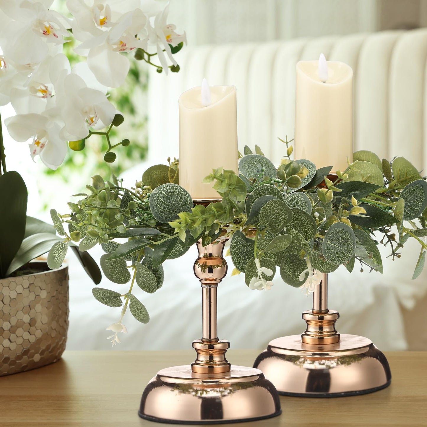 Thiccywoov 6 Pcs Artificial Eucalyptus Leaves Candle Rings Wreaths 9. 8 Inch Small Boho Greenery Wreath Pillar Candle Holder for Candleholders Kitchen Cabinet Wedding Home Door Table Decor