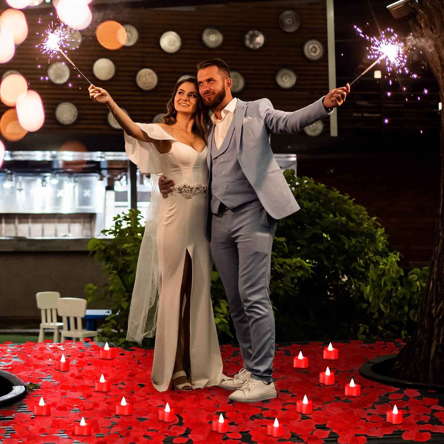 Coume 6000 Pcs Artificial Rose Petals with 120 Pcs Heart LED Tea Lights Candles Kit Rose Petals Candles Set for Romantic Night Anniversary Proposal Wedding Date Hotel(Red Light)