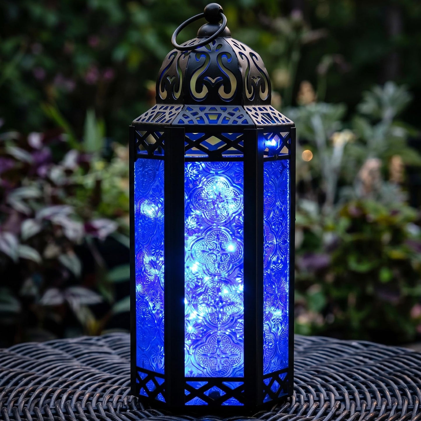 Vela Lanterns Decorative Indoor Moroccan Candle Holder & LED Fairy Lights -Twinkle Turkish Lamp, Fantasy Home Decor Table Centerpieces, Hanging Outdoor Patio Porch Wedding Ramadan (10.5", Cobalt)