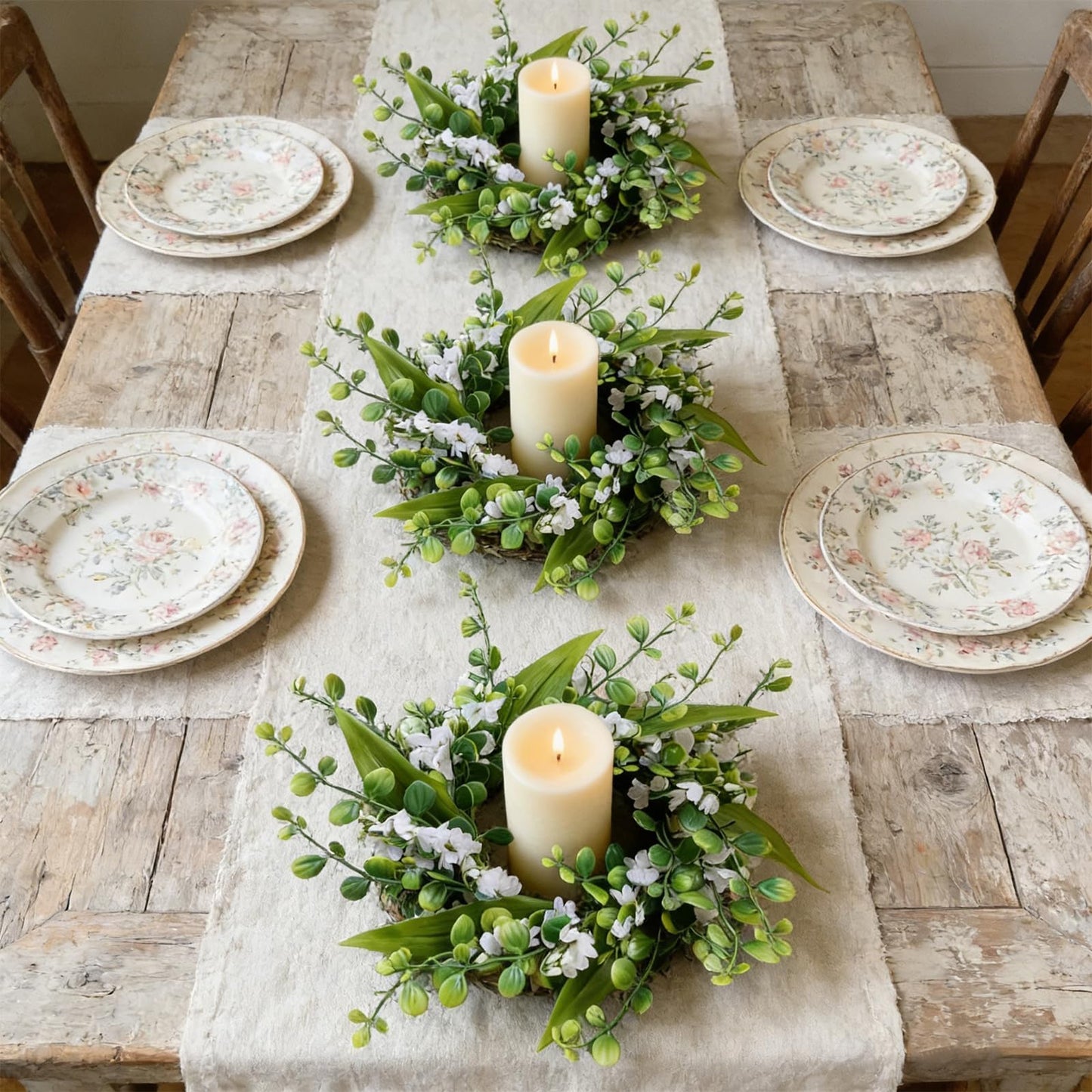 6 Pcs Green Boxwood Candle Rings Wreaths Mini Spring Summer Forsythia Wreath for Front Door Artificial Rings Wreaths with White Flowers for Pillar Porch Wall Window Farmhouse All Seasons Decor
