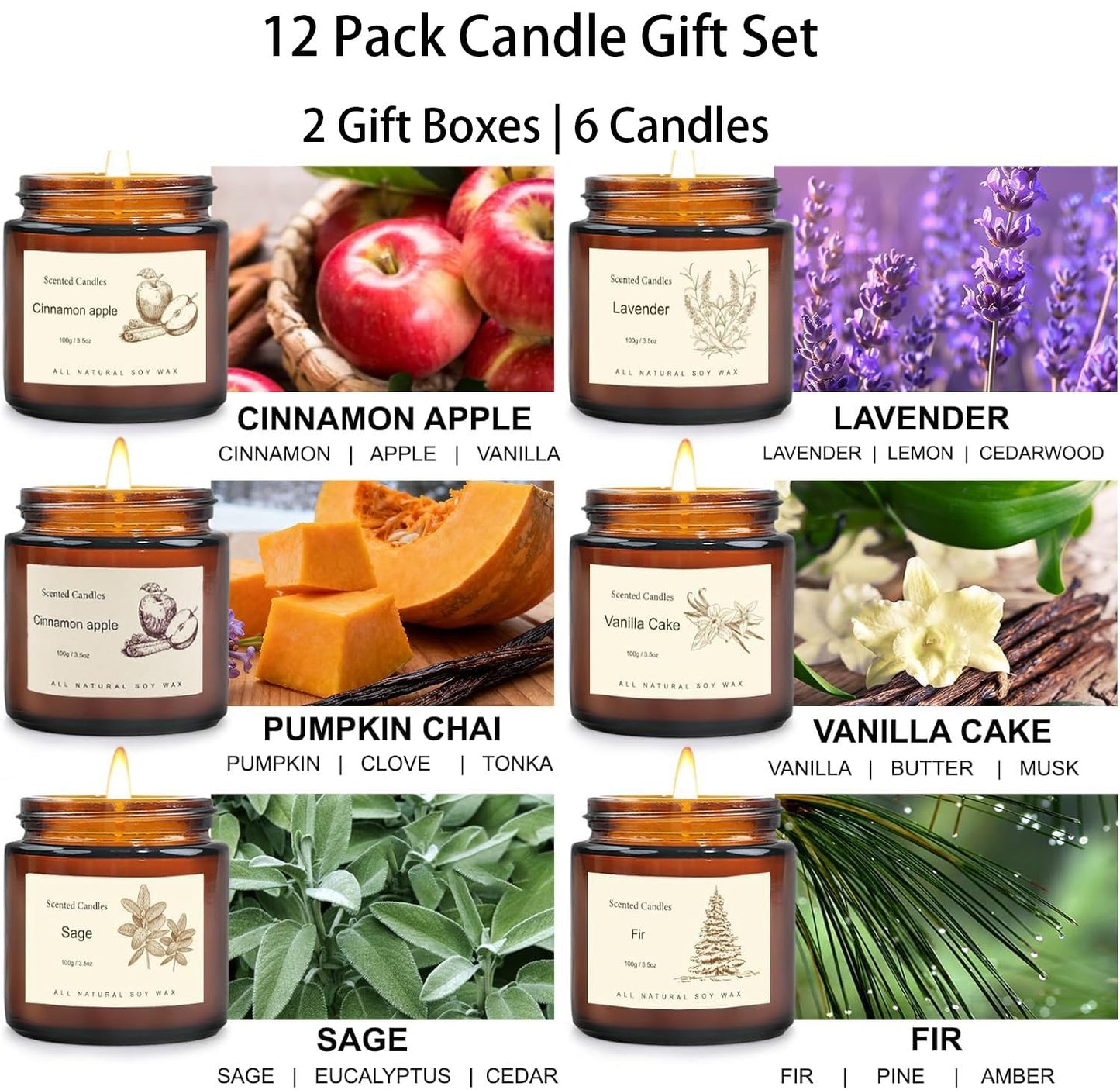 Scented Candles Gift Set for Home, 12 Pack Aromatherapy Soy Candles, 6 Fragrance Scents with 2 Gift Boxes, Long Lasting Small Candles for Relaxation, Bathroom Bedroom Office Gifts for Women