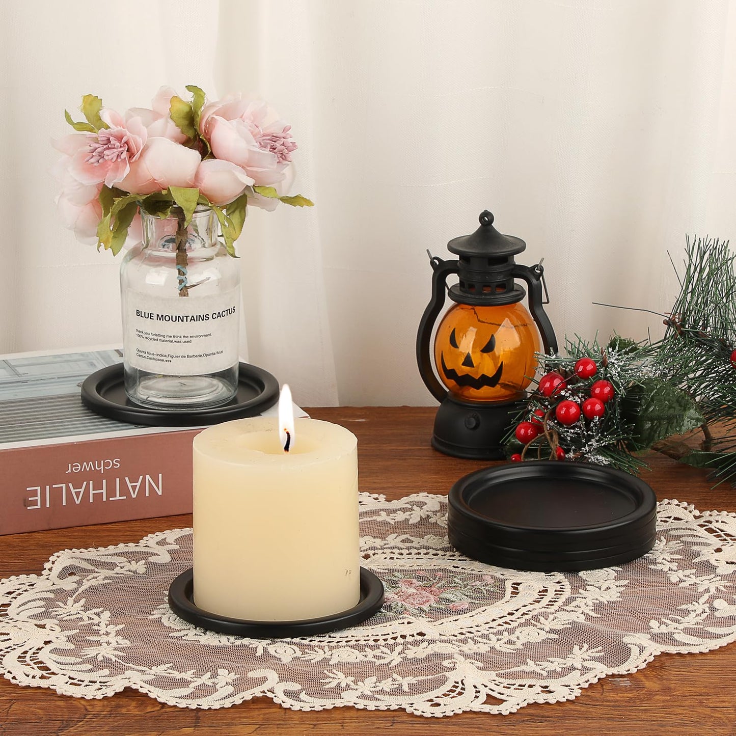 OwnMy 6PCS Iron Candle Holders for Pillar Candles, 3 Inch Metal Pillar Candle Plates and Trays, Small Round Tealight Holders Elegant Candle Stands Bases for Wedding Dining Table Centerpieces, Black