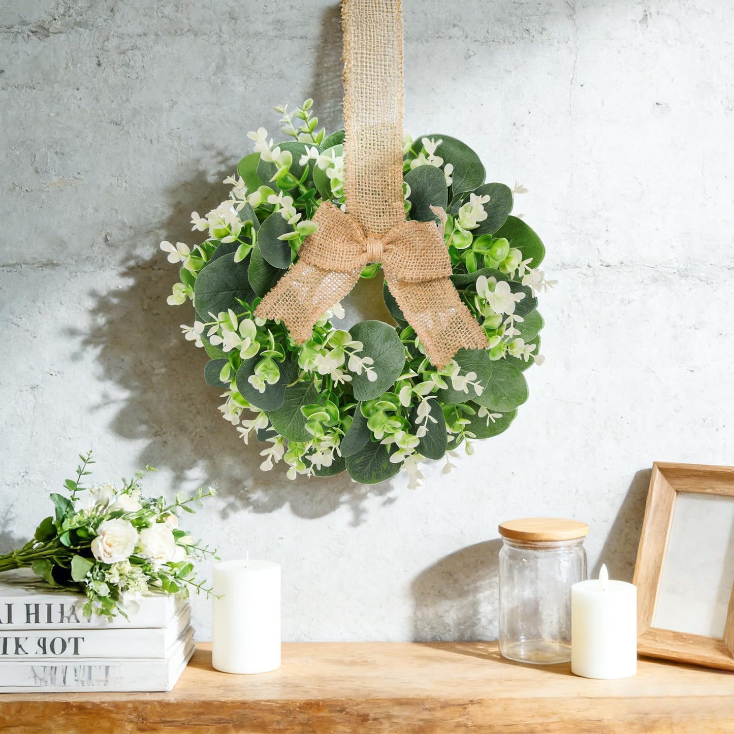 10PCS Eucalyptus Candle Rings Wreaths, Artificial Greenery Faux Kitchen Cabinet Wreath,Spring Wreath with Burlap Ribbon, Pillar Candle Holder Wreath for Porch Wall Window Farmhouse Wall Home Decor