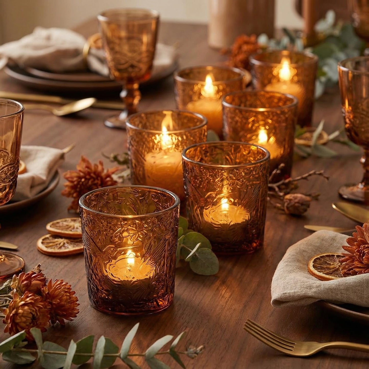 12 Pack Hummingbird Embossed Glass Candle Holders – Votive Tealight Holders with Patent Design, Decorative Embossed Glass Cups for Wedding Centerpieces, Parties, and Home Décor (Chestnut Brown)