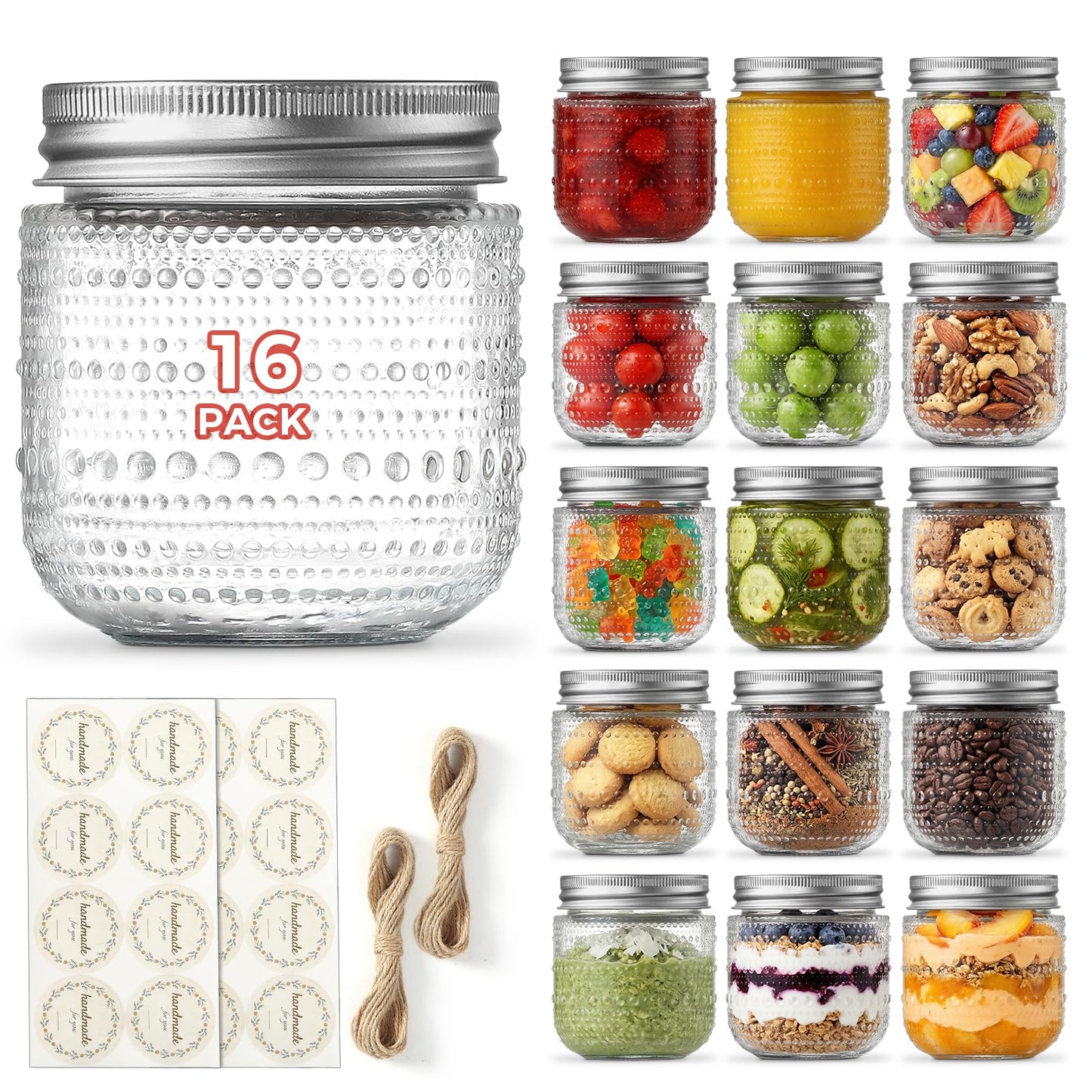 NETANY 16 Pack Small Glass Jars with Lids 8 oz Vintage Embossed Half Pint Mason Jars, Regular Mouth Canning Jars with Metal Lids for Pickling, Jam, Honey, Spice, Yogurt, Candle Making and DIY Crafts