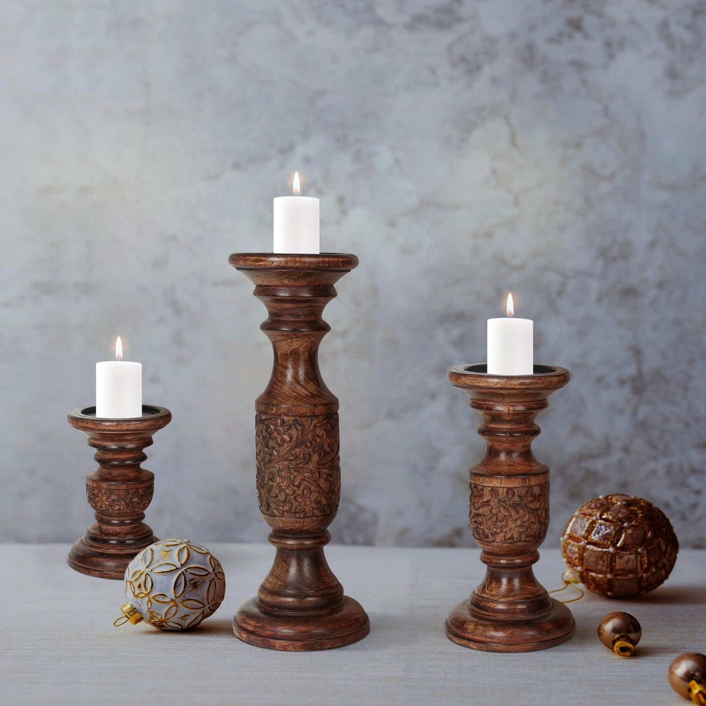 Hand Carved Wooden Pillar Candle Holders - Set of 3 |Carving Decorative Style | Crafted from Mango Wood | Rustic Table Centerpiece Decor | Sized 6", 9" and 12" - Dark Burnt