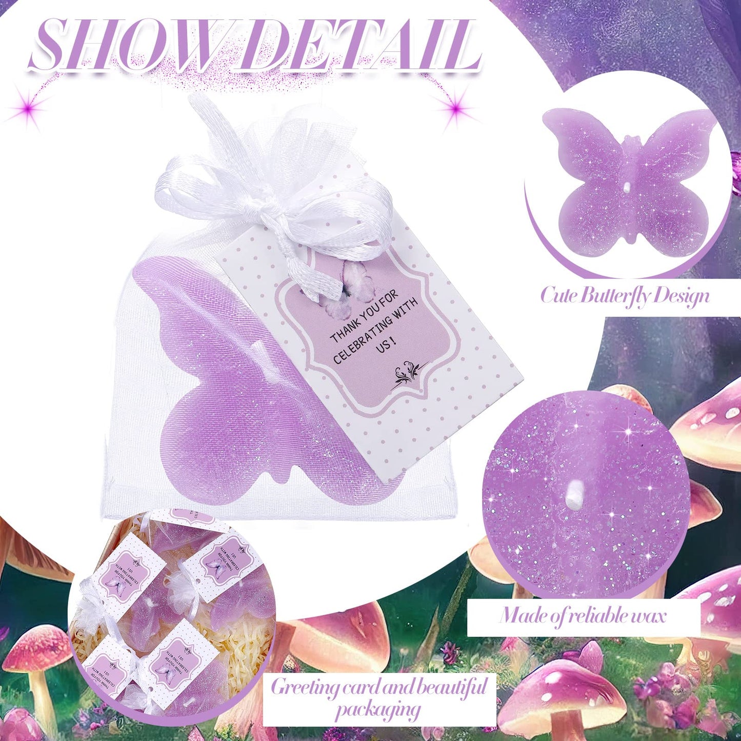Treela 24 Sets Butterfly Baby Shower Party Favors for Guests Purple Tea Lights Candles with Thank You Gifts Cards and Bags Decorations for Wedding Birthday Engagement Souvenirs Gender Reveal