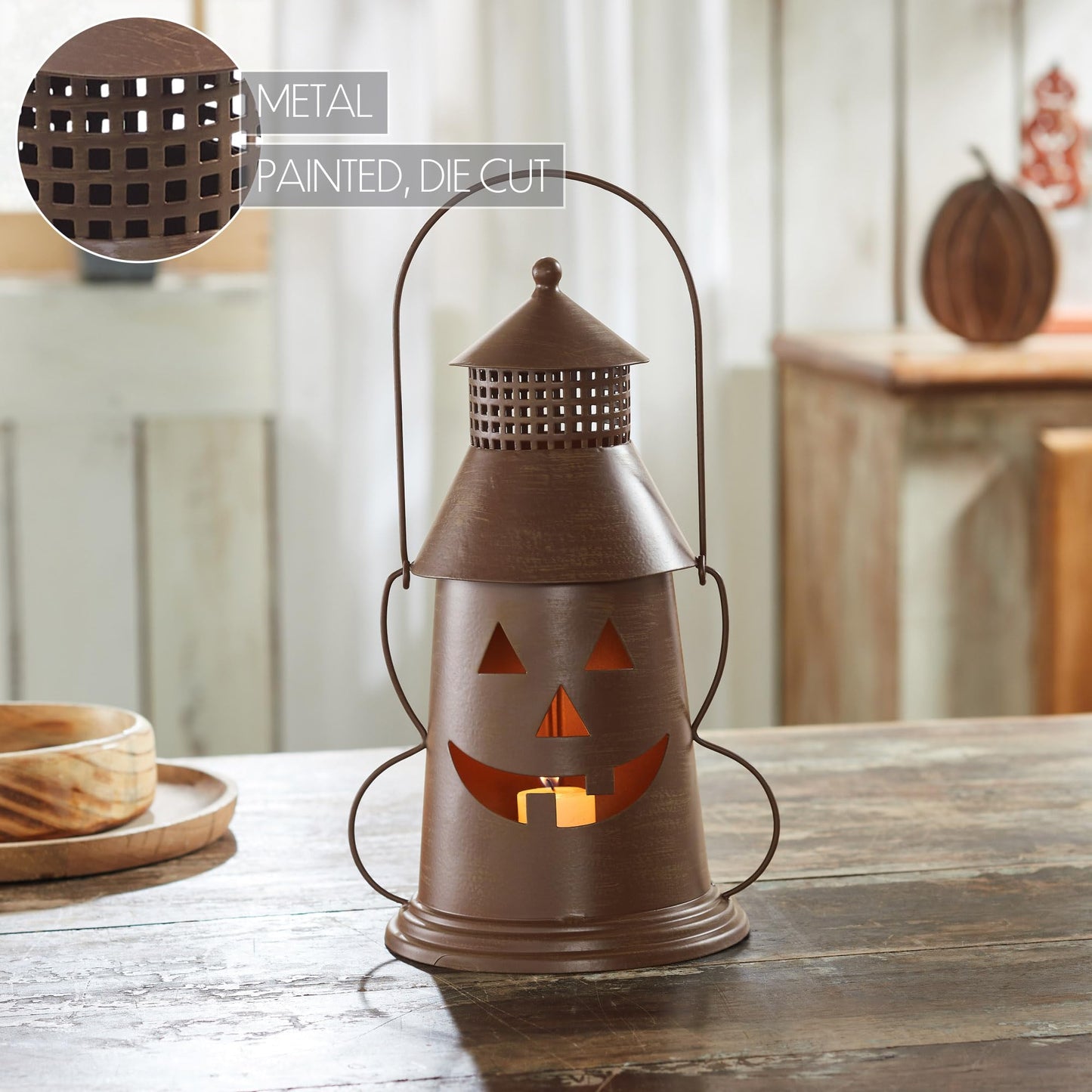 VHC Brands Halloween Lantern Tealight Holder Bronze, Fall and Halloween Kitchen Dining Table Candle Holder, Pumpkin Decor Bronze, 8x12