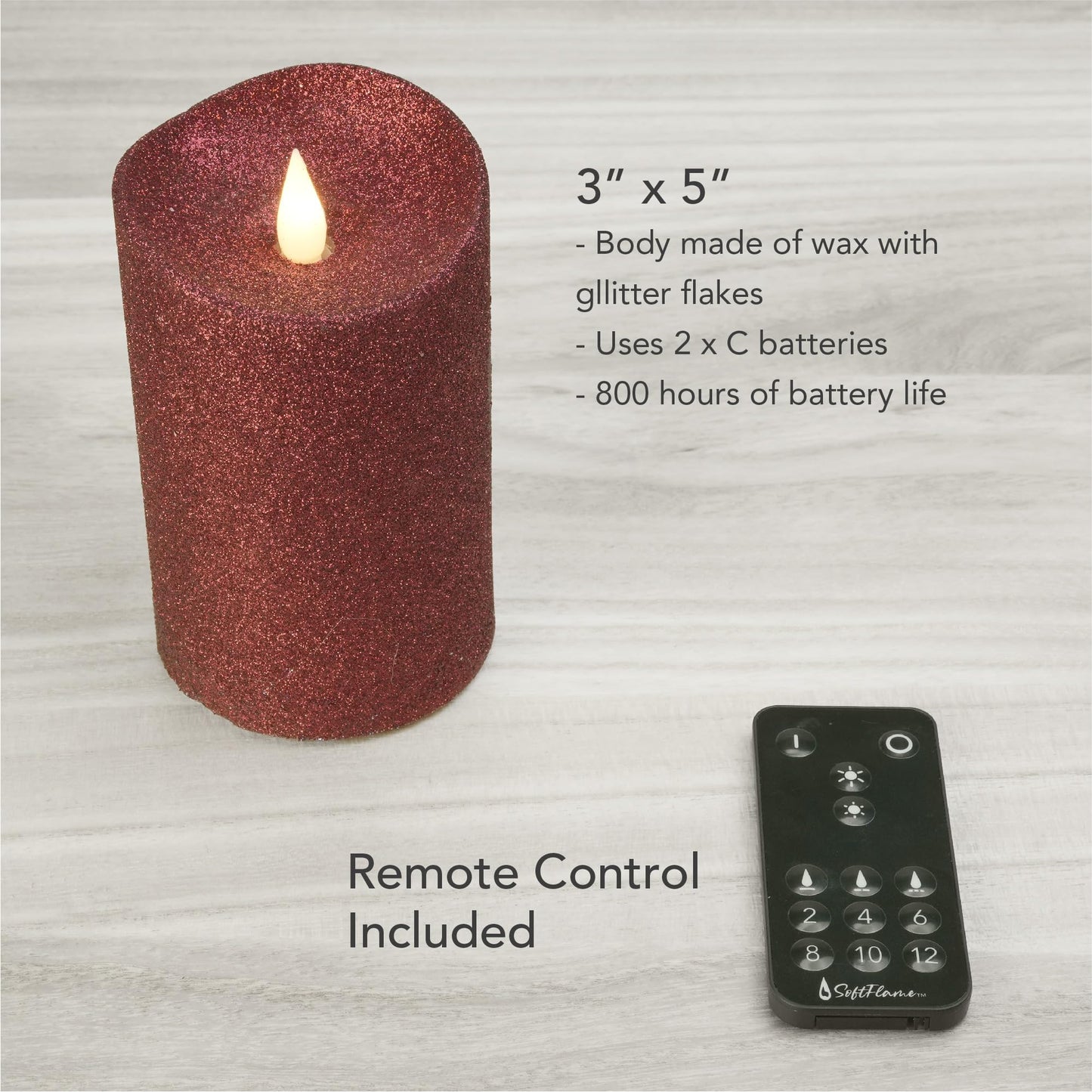 Softflame Real Wax Flameless LED Candles with Remote Control, 3"x 5"Flickering 3D Moving Flame Battery Operated Candles for Indoor Use, Home Decor Glitter Red