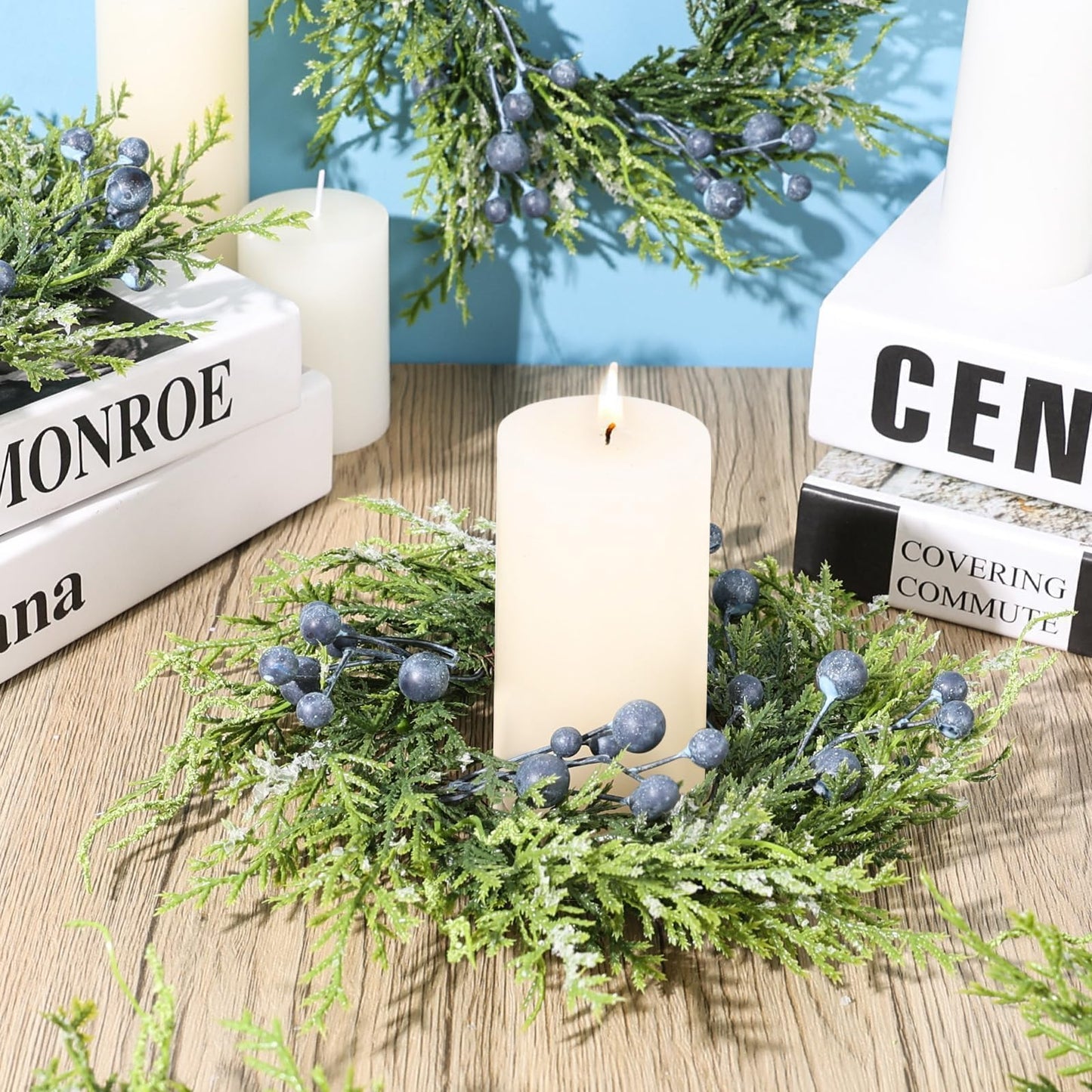 4 Pcs 3” Blueberry Candle Rings Spring Wreaths Mini Berries Table Centerpieces Wreaths Farmhouse Green Small Wreath for Pillars Kitchen Cabinet Front Door Porch Wall Decoration