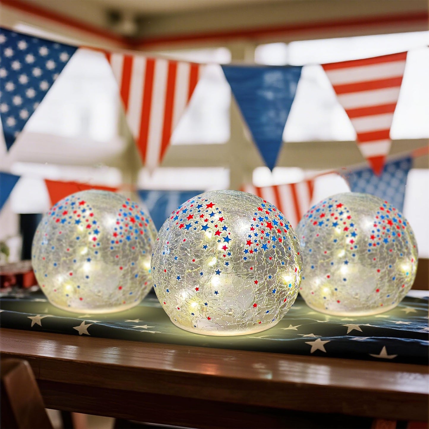 3PCS Independence Day Decorative Lights, 3.93-inch Independence Day Desktop Decoration LED Night Light, Cracked Glass Ball Light with Timer, 4th of July Decoration (Small Five-Pointed Star)